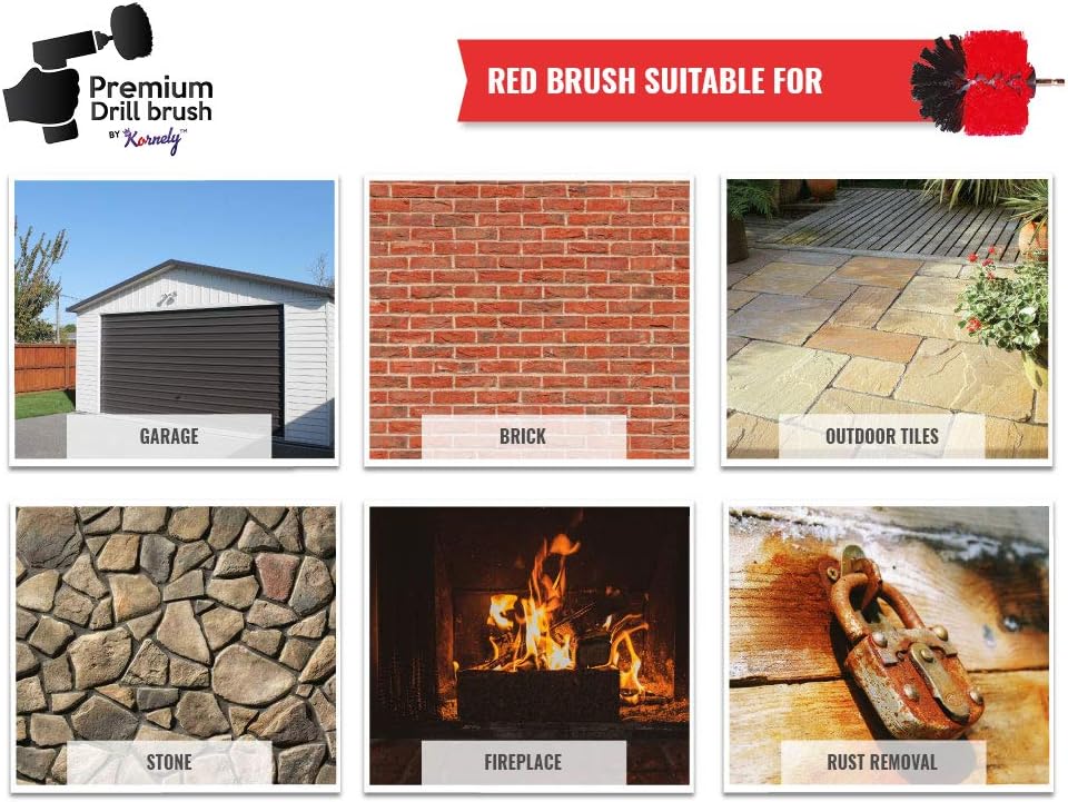 Kornely Premium Drill Brush Professional – Stiff 8.5 cm Red | Scratch-Free Outdoor Cleaning Brush for Patio Bricks, Decking, Garden Tools, Lawn Mowers, Bicycles, Car Wheels, Pool Tiles and Boat Hulls