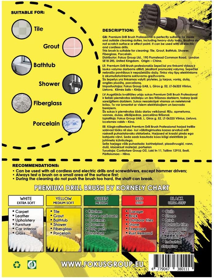 Kornely Premium Drill Brush Professional – Medium-Soft 13 cm Yellow | Scratch-Free Cleaning Brush for Tile, Grout, Bathtub, Shower, Fibreglass and Ceramic Surfaces