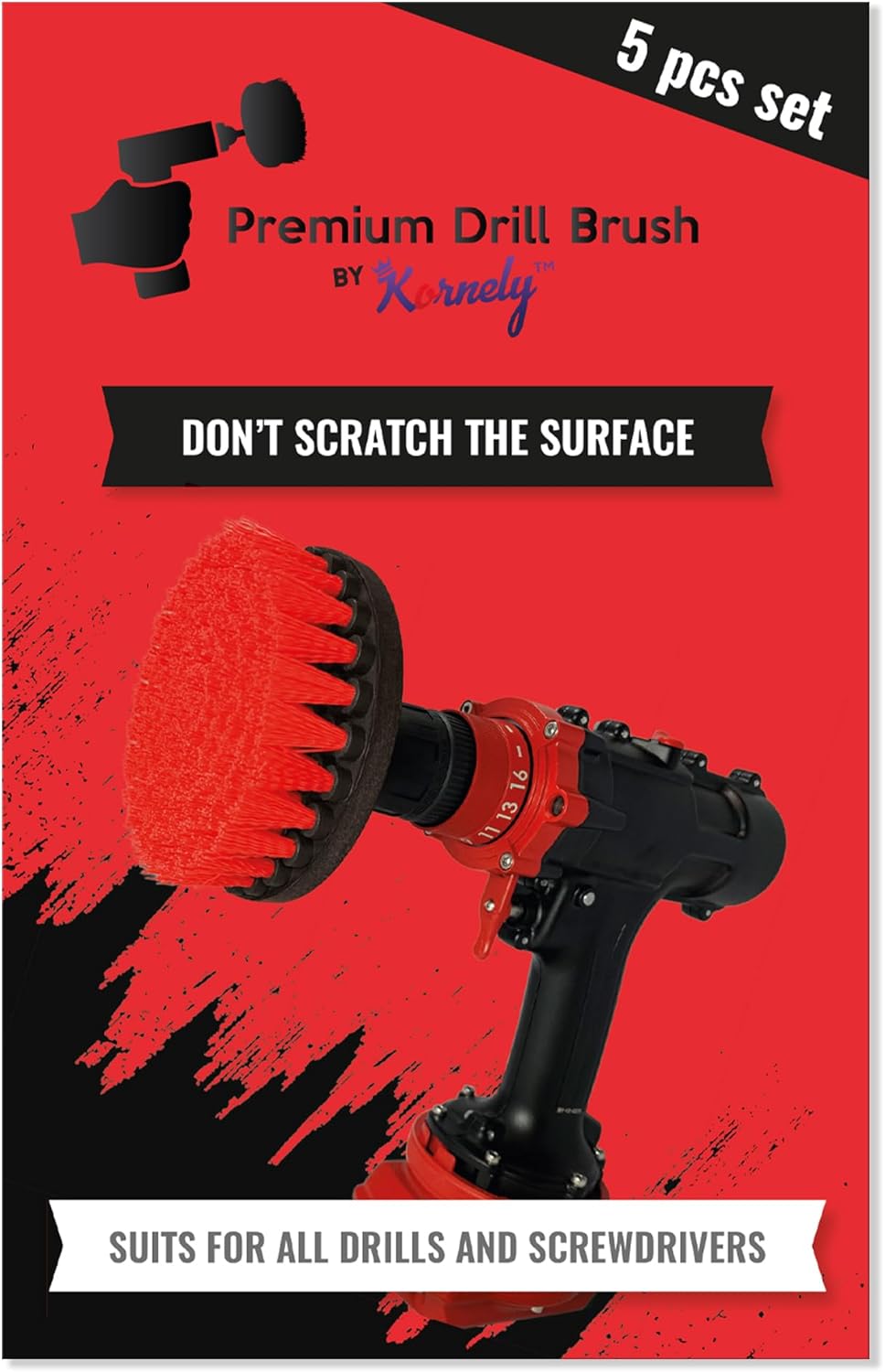 Kornely Premium Drill Brush Professional – Ultra-Stiff 5-Piece Kit (13/10 / 8.5/5 cm Brushes + 15 cm Extension) | Heavy-Duty Cleaning Brush for Concrete, Masonry, Grills, Wheels, Pool and Rust