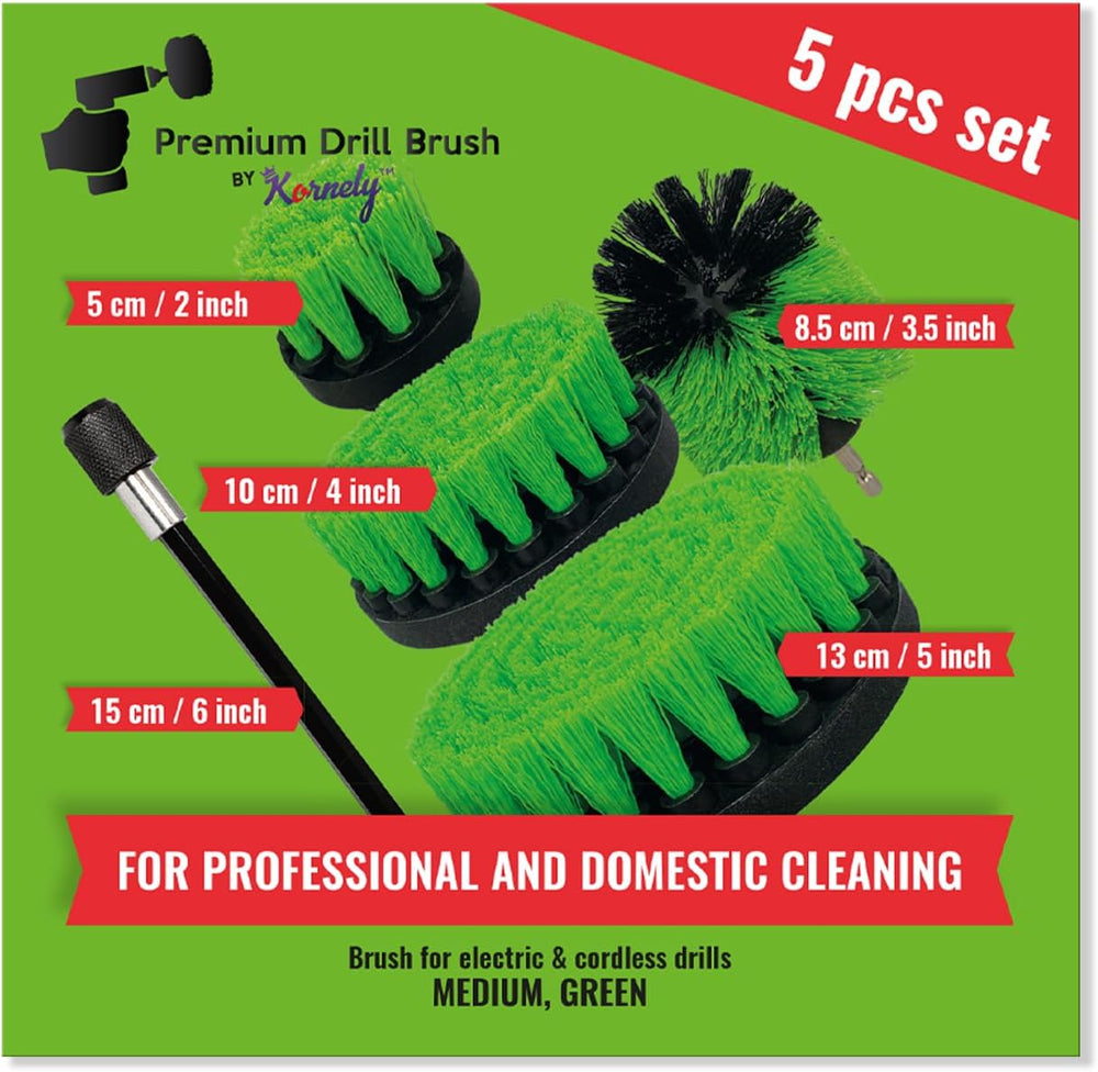 Kornely Premium Drill Brush Professional – Medium-Stiff 5-Piece Kit (13/10 / 8.5/5 cm Brushes + 15 cm Extension) | Scratch-Free Kitchen Cleaning Brush for Ovens, Hobs, Floor Tiles and Linoleum