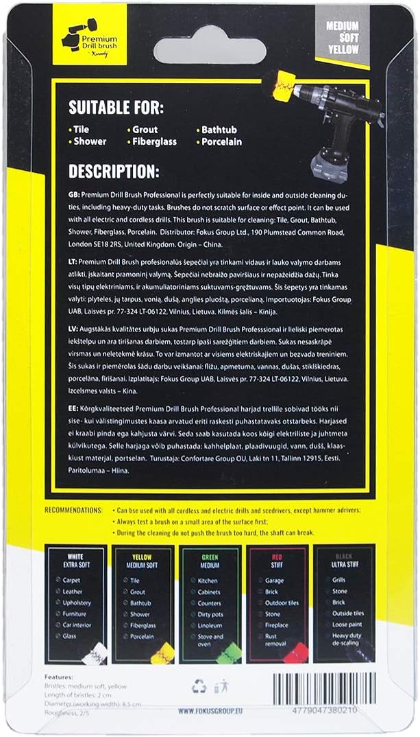 Kornely Premium Drill Brush Professional – Medium-Soft 8.5 cm Yellow | Scratch-Free Cleaning Brush for Tile, Grout, Bathtub, Shower, Fibreglass and Ceramic Surfaces
