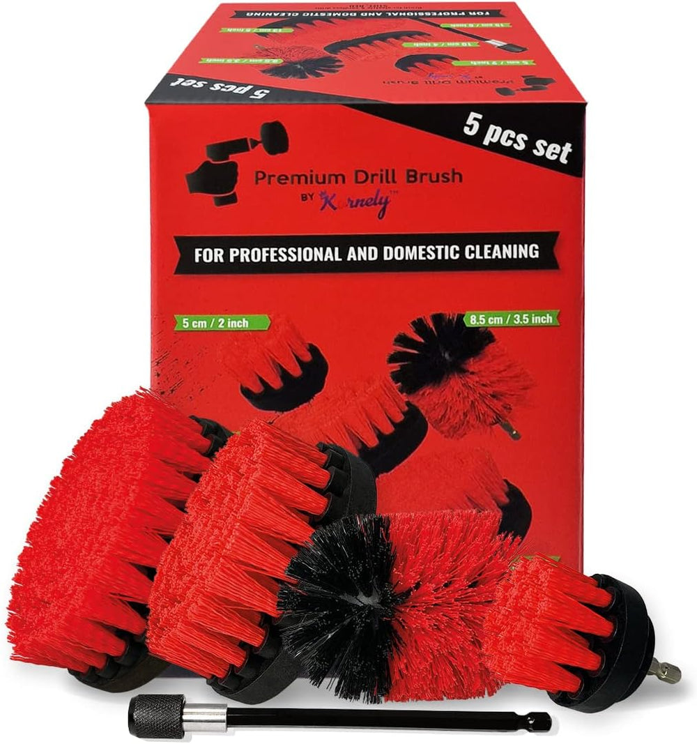 Kornely Premium Drill Brush Professional – Ultra-Stiff 5-Piece Kit (13/10 / 8.5/5 cm Brushes + 15 cm Extension) | Heavy-Duty Cleaning Brush for Concrete, Masonry, Grills, Wheels, Pool and Rust