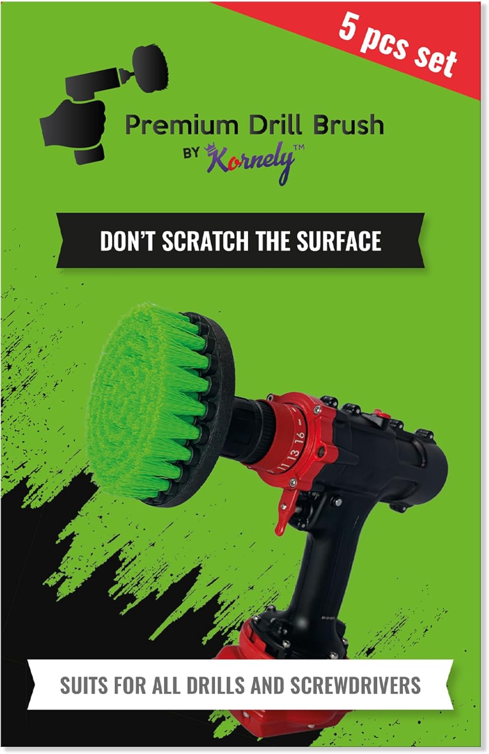 Kornely Premium Drill Brush Professional – Medium-Stiff 5-Piece Kit (13/10 / 8.5/5 cm Brushes + 15 cm Extension) | Scratch-Free Kitchen Cleaning Brush for Ovens, Hobs, Floor Tiles and Linoleum