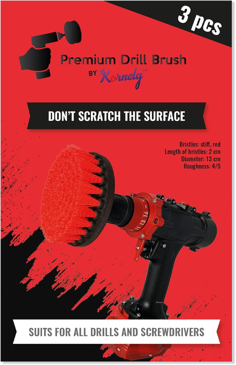 Kornely Premium Drill Brush Professional – Stiff 13 cm Red 3-Piece Set | Scratch-Free Cleaning Brush for Brick, Patio Stone, Decking, Garden Tools, Car Wheels, Pool and Boat Hulls