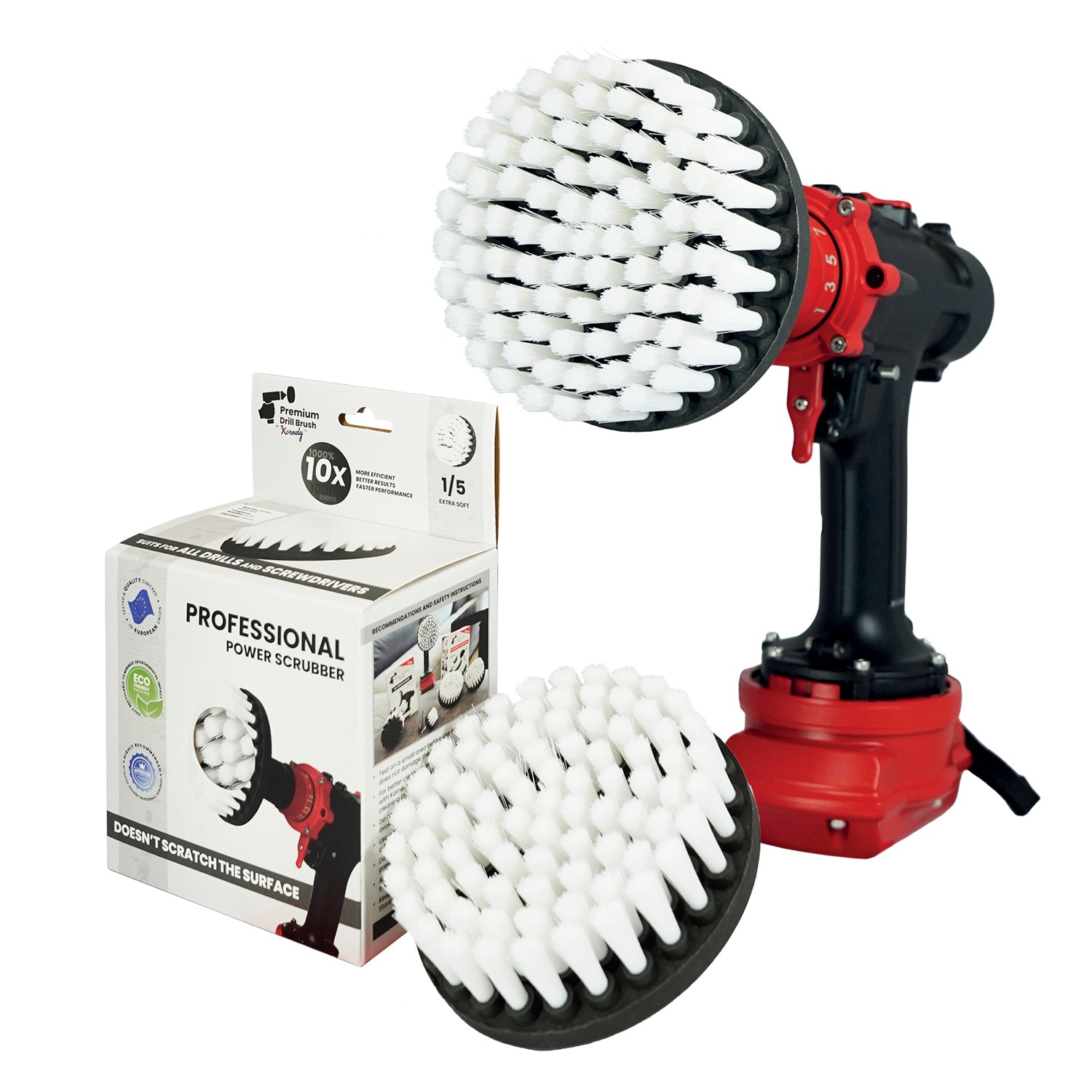 Kornely Premium Drill Brush Professional – Extra-Soft 13 cm White | Scratch-Free Cleaning Brush for Carpet, Upholstery, Leather Seats, Glass, Furniture and Car Interior