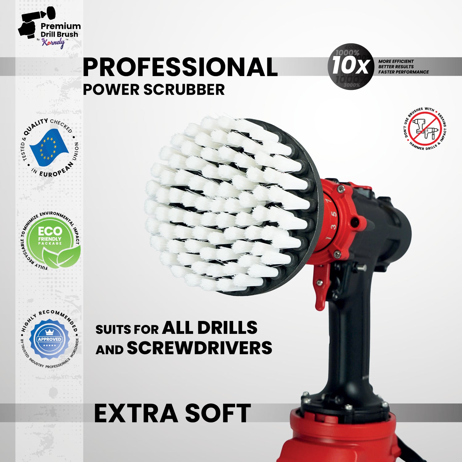 Kornely Premium Drill Brush Professional – Extra-Soft 13 cm White | Scratch-Free Cleaning Brush for Carpet, Upholstery, Leather Seats, Glass, Furniture and Car Interior