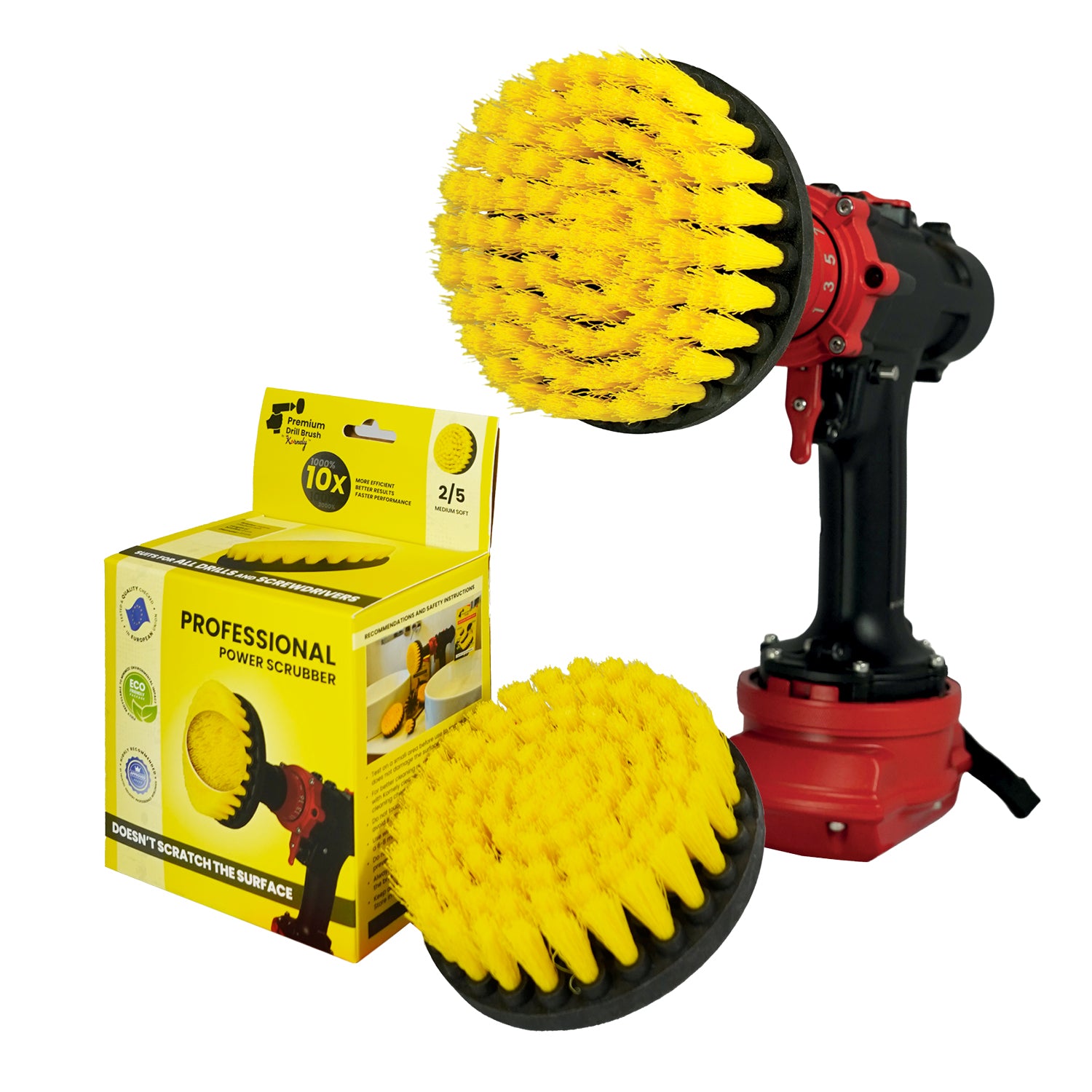 Kornely Premium Drill Brush Professional – Medium-Soft 13 cm Yellow | Scratch-Free Cleaning Brush for Tile, Grout, Bathtub, Shower, Fibreglass and Ceramic Surfaces