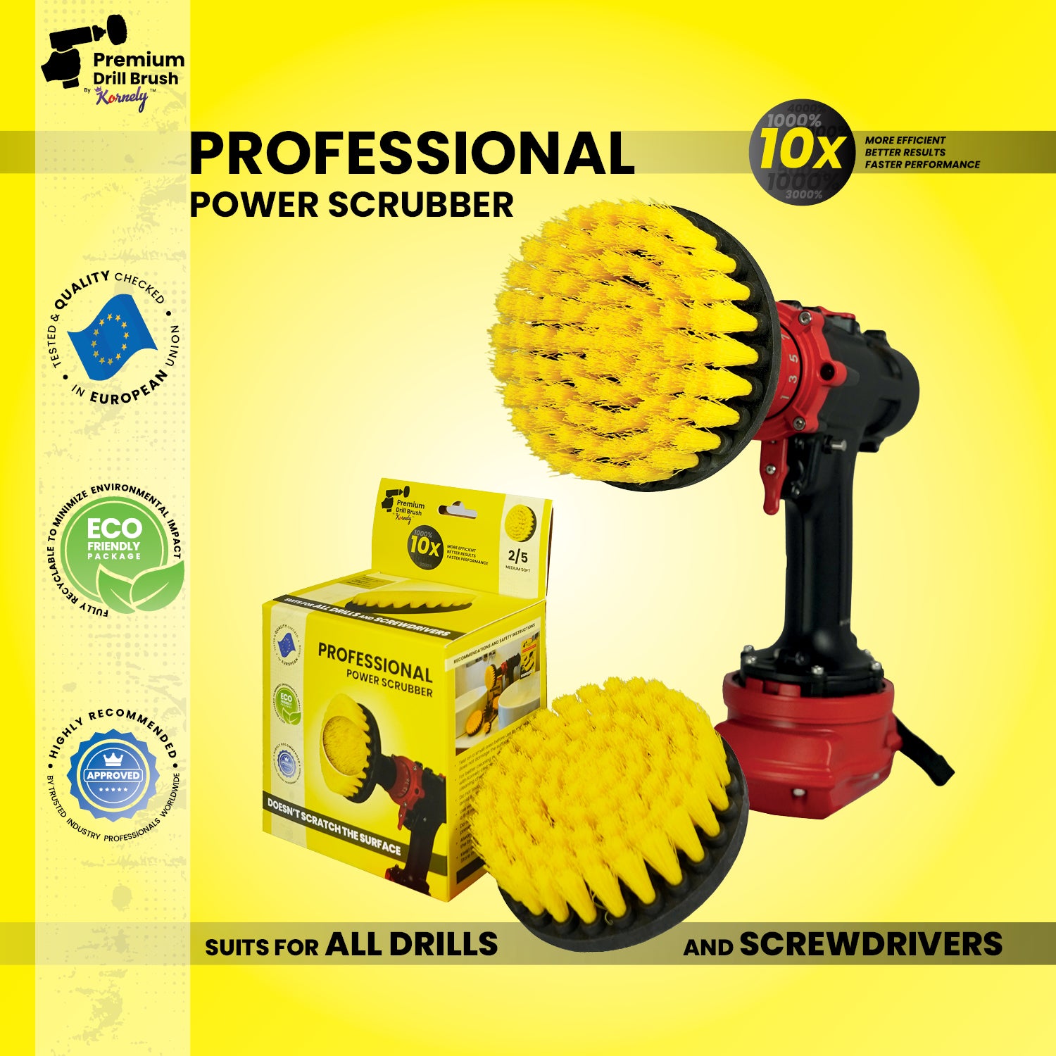 Kornely Premium Drill Brush Professional – Medium-Soft 13 cm Yellow | Scratch-Free Cleaning Brush for Tile, Grout, Bathtub, Shower, Fibreglass and Ceramic Surfaces