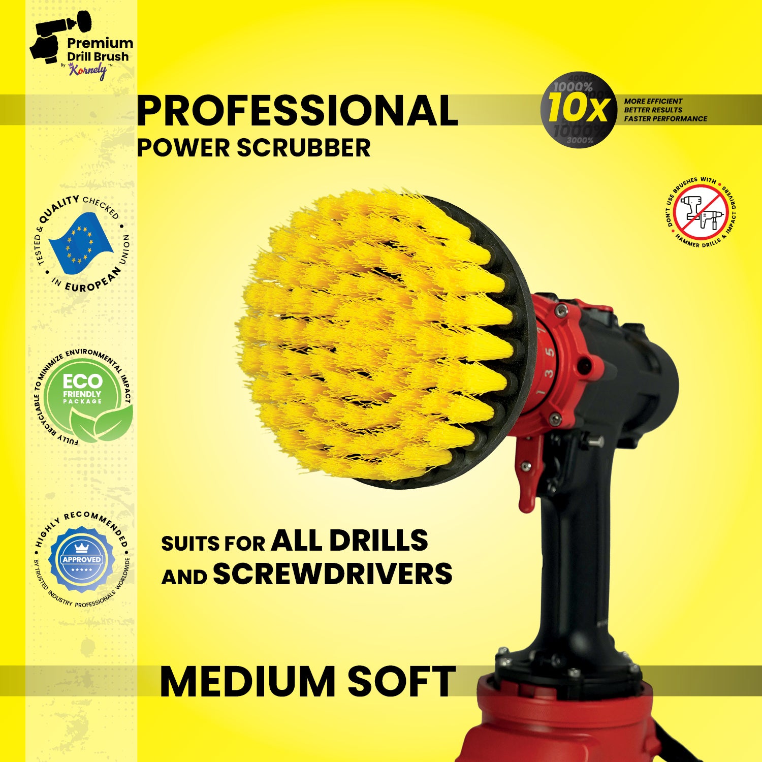 Kornely Premium Drill Brush Professional – Medium-Soft 13 cm Yellow | Scratch-Free Cleaning Brush for Tile, Grout, Bathtub, Shower, Fibreglass and Ceramic Surfaces