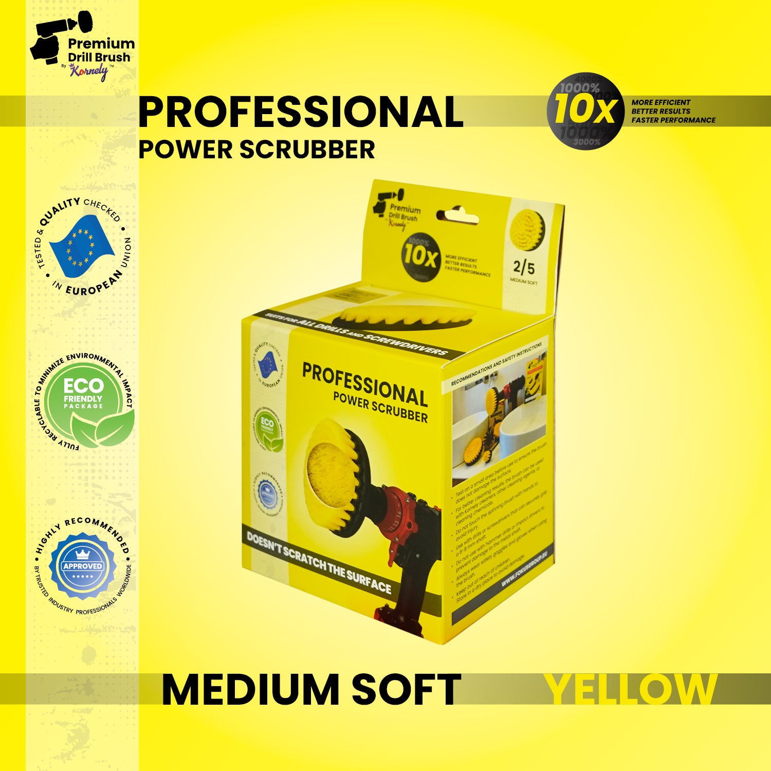 Kornely Premium Drill Brush Professional – Medium-Soft 13 cm Yellow | Scratch-Free Cleaning Brush for Tile, Grout, Bathtub, Shower, Fibreglass and Ceramic Surfaces