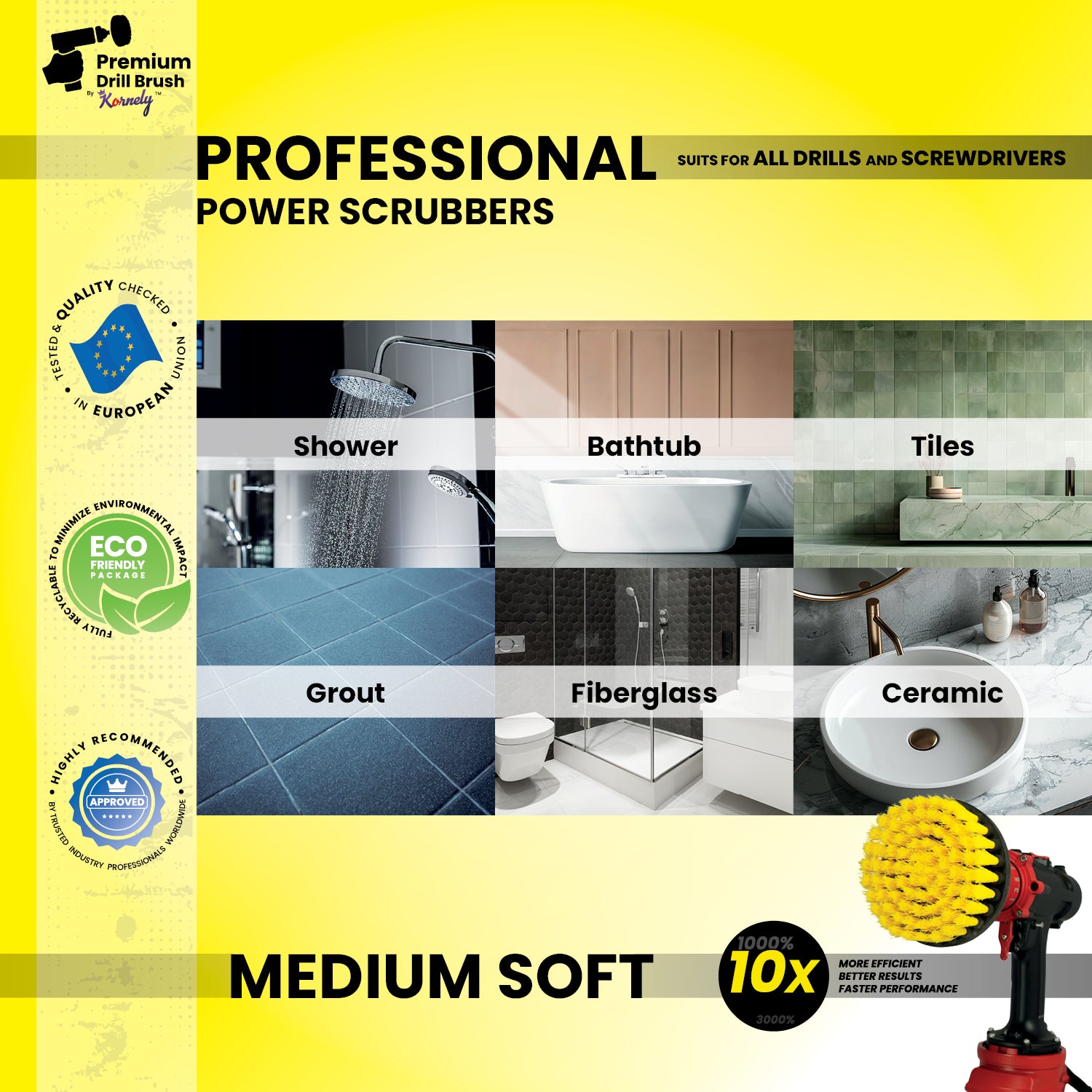 Kornely Premium Drill Brush Professional – Medium-Soft 13 cm Yellow | Scratch-Free Cleaning Brush for Tile, Grout, Bathtub, Shower, Fibreglass and Ceramic Surfaces