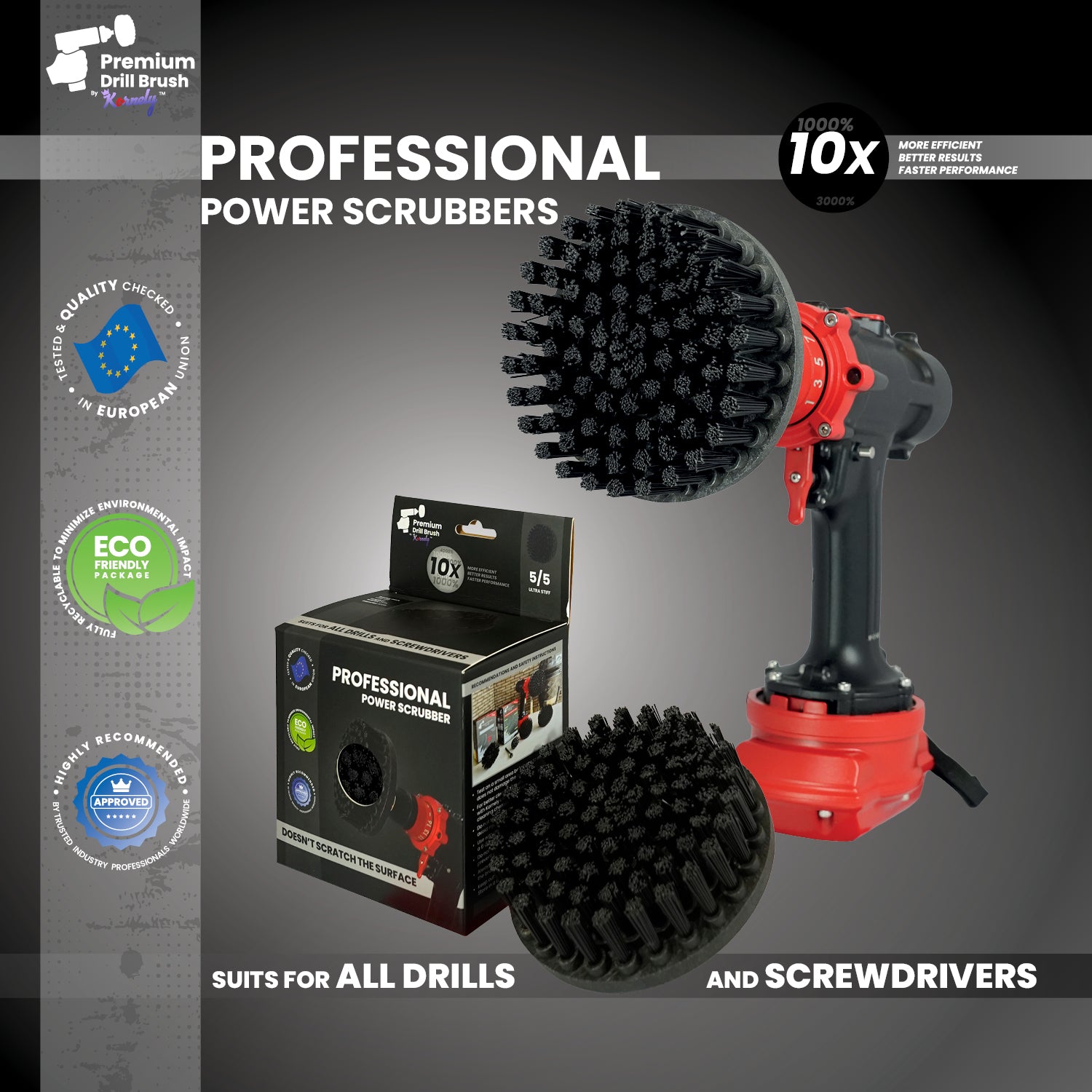 Kornely Premium Drill Brush Professional – Ultra-Stiff 13 cm Black | Scratch-Free Heavy Duty Cleaning Brush for Concrete, Brick, Stone, Metal, Masonry, Garage, BBQ Grills, Rust and Construction Tools