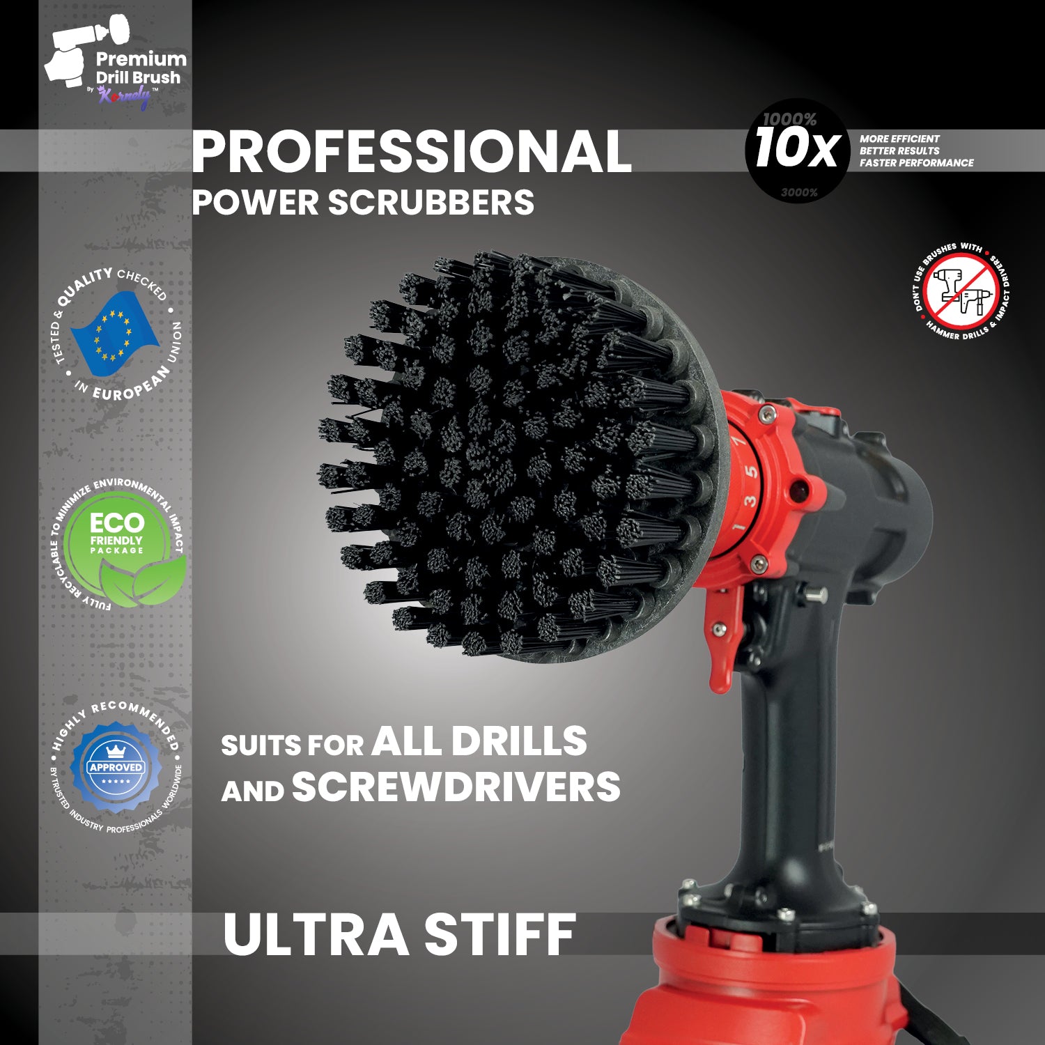 Kornely Premium Drill Brush Professional – Ultra-Stiff 13 cm Black | Scratch-Free Heavy Duty Cleaning Brush for Concrete, Brick, Stone, Metal, Masonry, Garage, BBQ Grills, Rust and Construction Tools