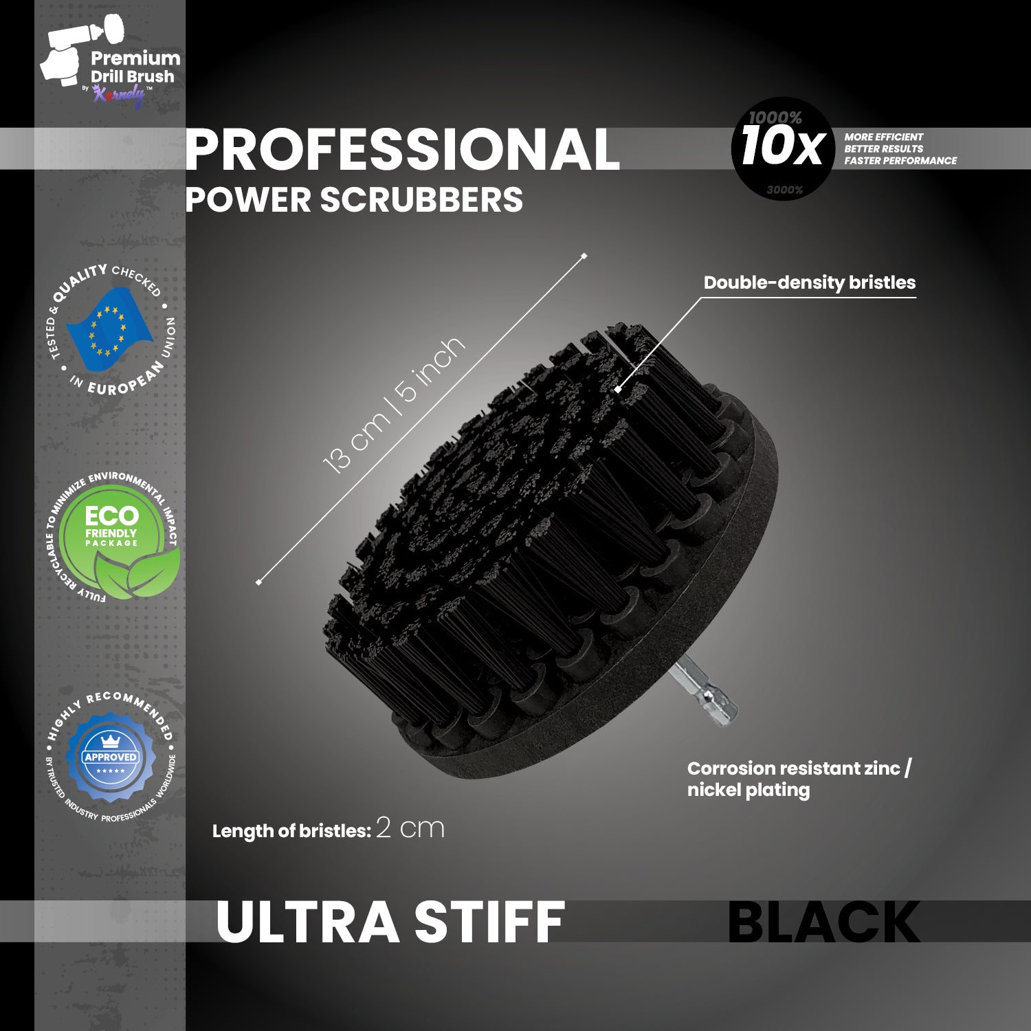 Kornely Premium Drill Brush Professional – Ultra-Stiff 13 cm Black | Scratch-Free Heavy Duty Cleaning Brush for Concrete, Brick, Stone, Metal, Masonry, Garage, BBQ Grills, Rust and Construction Tools