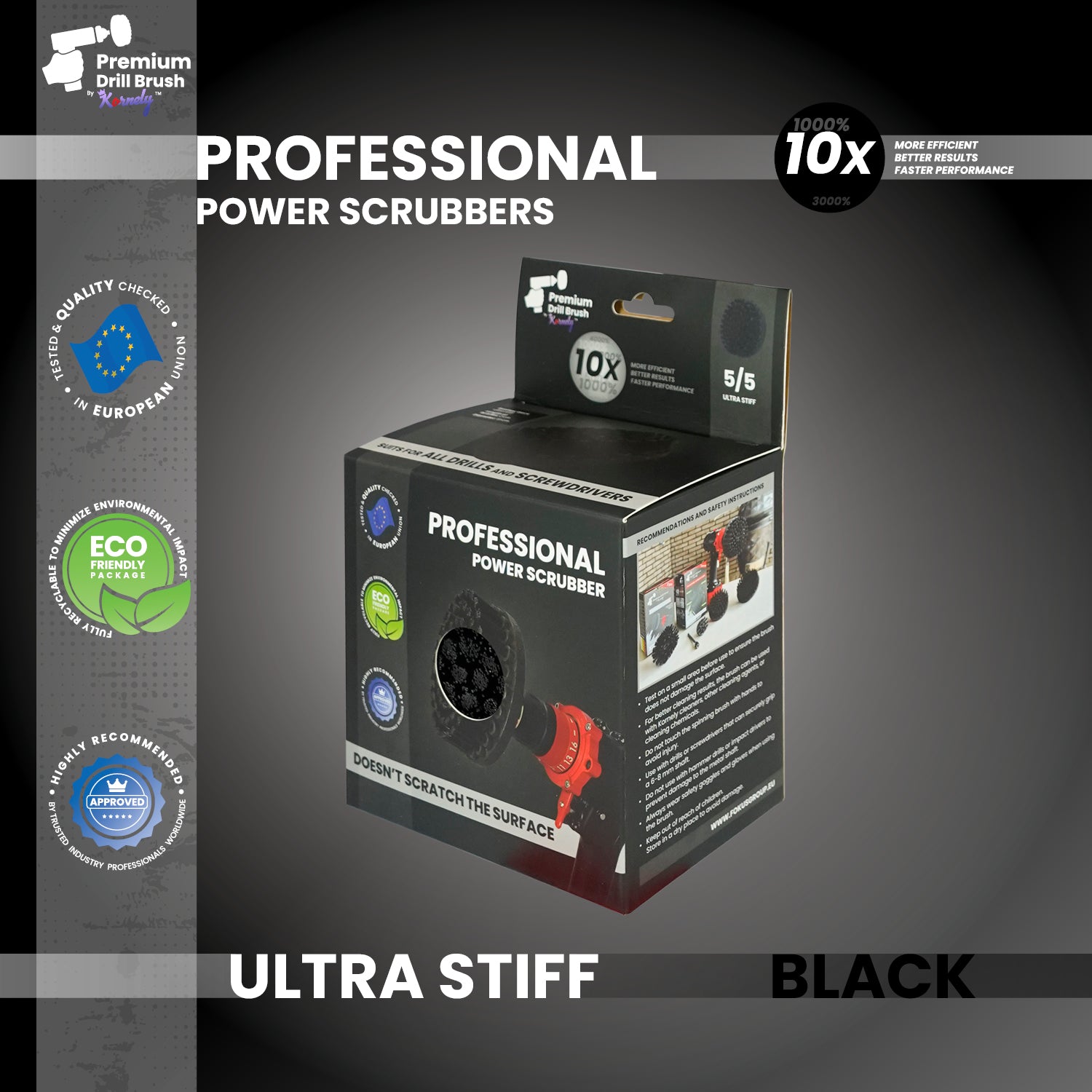 Kornely Premium Drill Brush Professional – Ultra-Stiff 13 cm Black | Scratch-Free Heavy Duty Cleaning Brush for Concrete, Brick, Stone, Metal, Masonry, Garage, BBQ Grills, Rust and Construction Tools