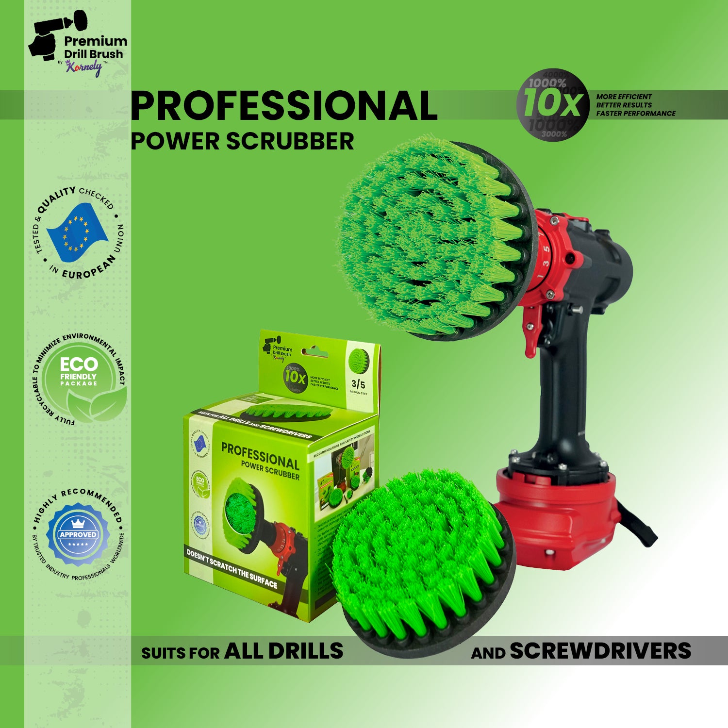 Kornely Premium Drill Brush Professional – Medium-Stiff 13 cm Green | Scratch-Free Kitchen Cleaning Brush for Ovens, Hobs, Worktops, Floor Tiles, Linoleum, Cupboard Doors and Greasy Cookware