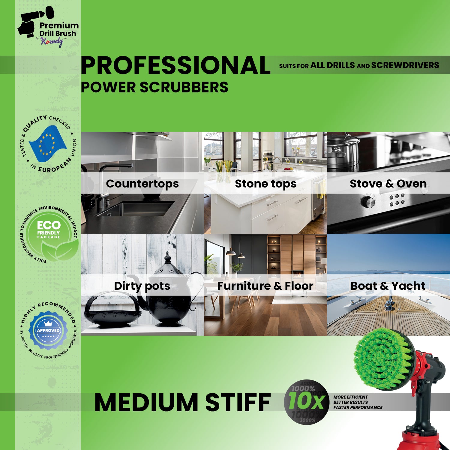 Kornely Premium Drill Brush Professional – Medium-Stiff 8.5 cm Green | Scratch-Free Kitchen Cleaning Brush for Ovens, Hobs, Worktops, Floor Tiles, Linoleum, Cupboard Doors and Greasy Cookware