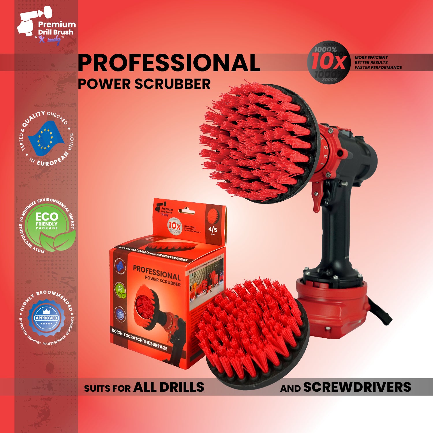 Kornely Premium Drill Brush Professional – Stiff 13 cm Red | Scratch-Free Outdoor Cleaning Brush for Patio Bricks, Decking, Garden Tools, Lawn Mowers, Bicycles, Car Wheels, Pool Tiles and Boat Hulls