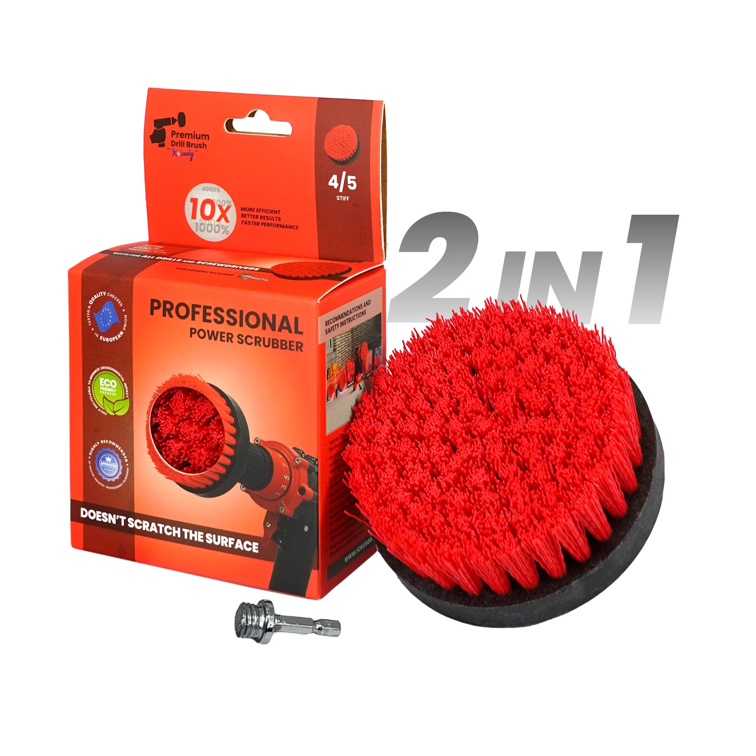 Kornely Premium Drill Brush Professional– 2in1 for Drill & Angle Grinder Stiff 10cm Red | Scratch-Free Outdoor Cleaning Brush for Patio Bricks, Lawn Mowers, Car Wheels, Pool Tiles and Boat Hulls
