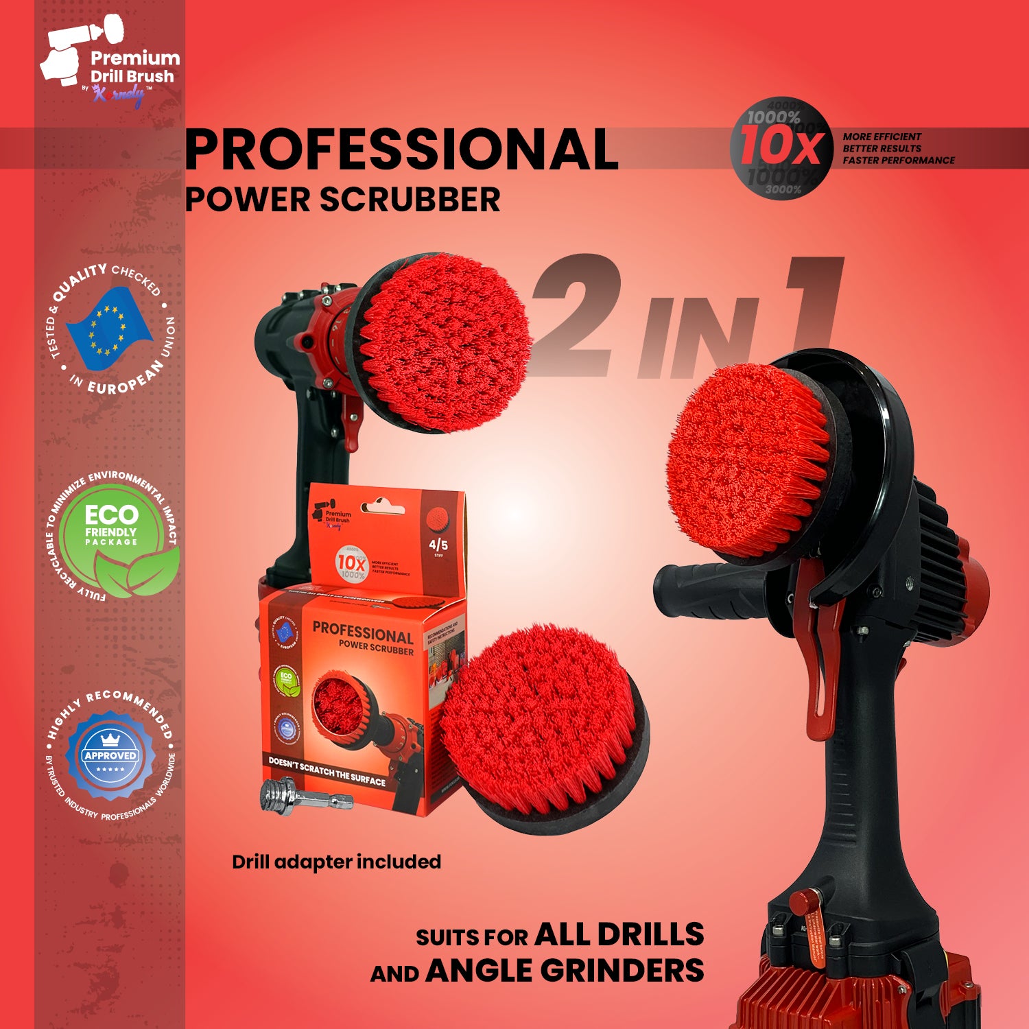 Kornely Premium Drill Brush Professional– 2in1 for Drill & Angle Grinder Stiff 10cm Red | Scratch-Free Outdoor Cleaning Brush for Patio Bricks, Lawn Mowers, Car Wheels, Pool Tiles and Boat Hulls