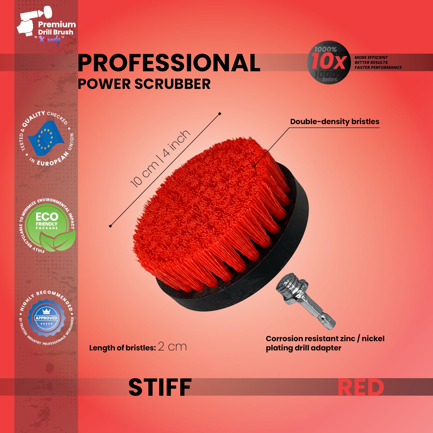 Kornely Premium Drill Brush Professional– 2in1 for Drill & Angle Grinder Stiff 10cm Red | Scratch-Free Outdoor Cleaning Brush for Patio Bricks, Lawn Mowers, Car Wheels, Pool Tiles and Boat Hulls