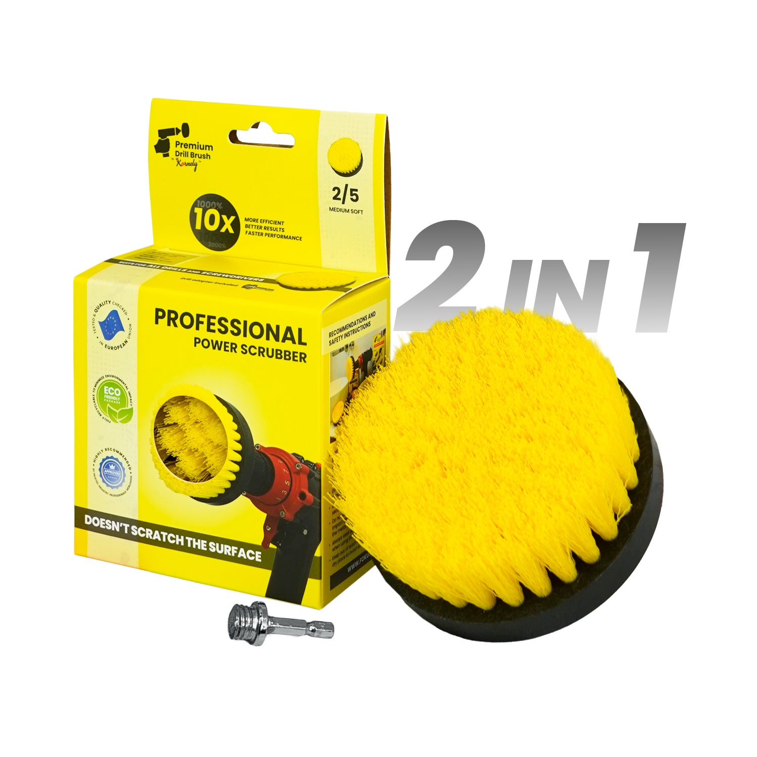 Kornely Premium Drill Brush Professional– 2in1 for Drill & Angle Grinder Medium-Soft 10 cm Yellow | Scratch-Free Cleaning Brush for Tile, Grout, Bathtub, Shower, Fibreglass and Ceramic Surfaces