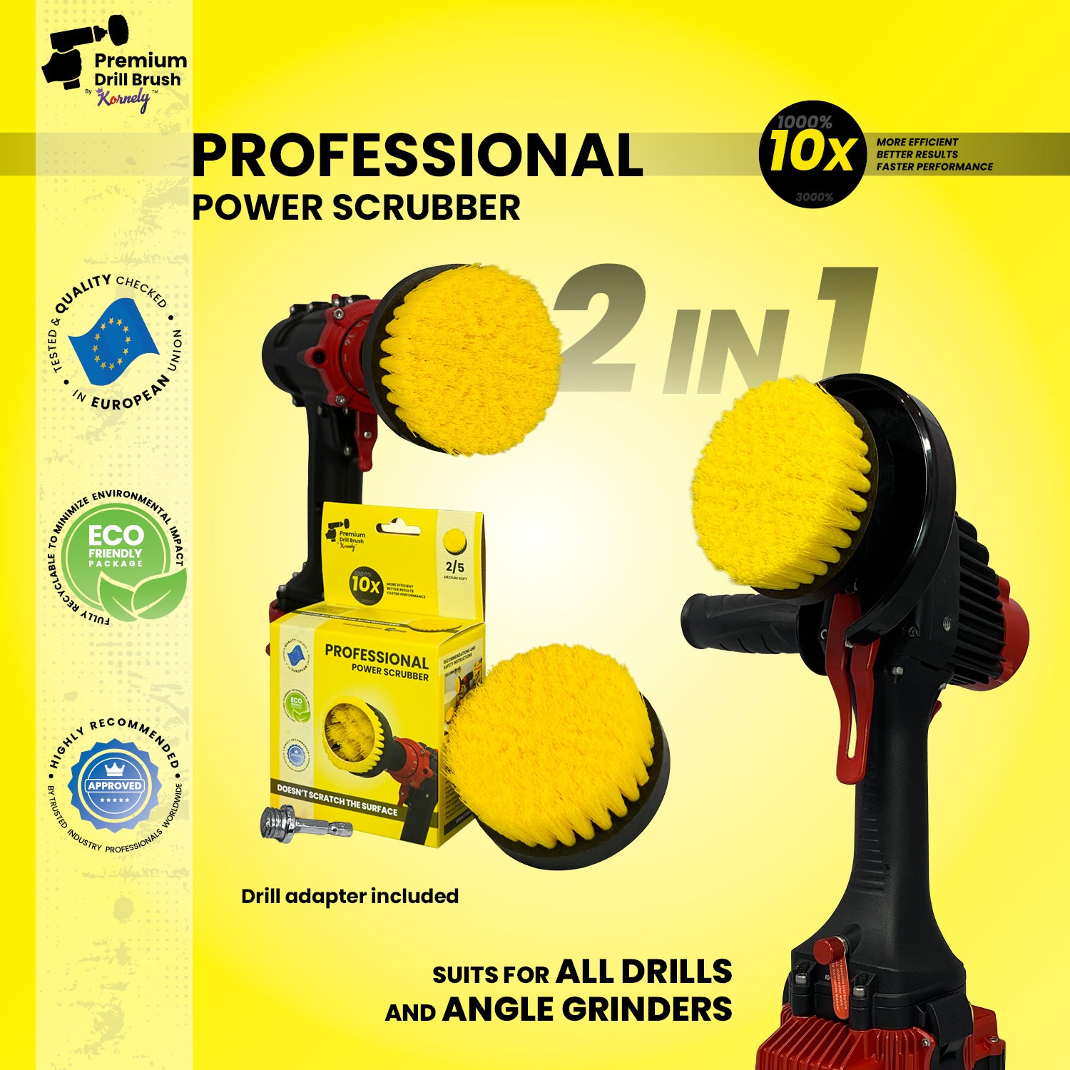 Kornely Premium Drill Brush Professional– 2in1 for Drill & Angle Grinder Medium-Soft 10 cm Yellow | Scratch-Free Cleaning Brush for Tile, Grout, Bathtub, Shower, Fibreglass and Ceramic Surfaces