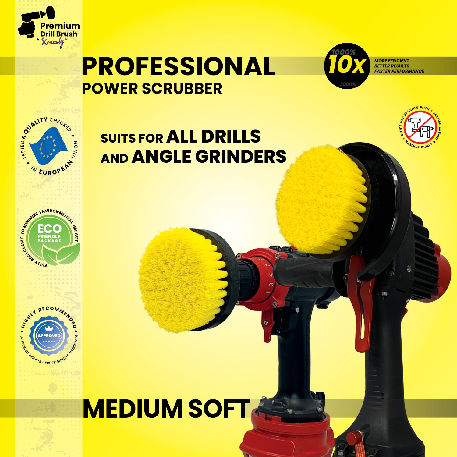 Kornely Premium Drill Brush Professional– 2in1 for Drill & Angle Grinder Medium-Soft 10 cm Yellow | Scratch-Free Cleaning Brush for Tile, Grout, Bathtub, Shower, Fibreglass and Ceramic Surfaces