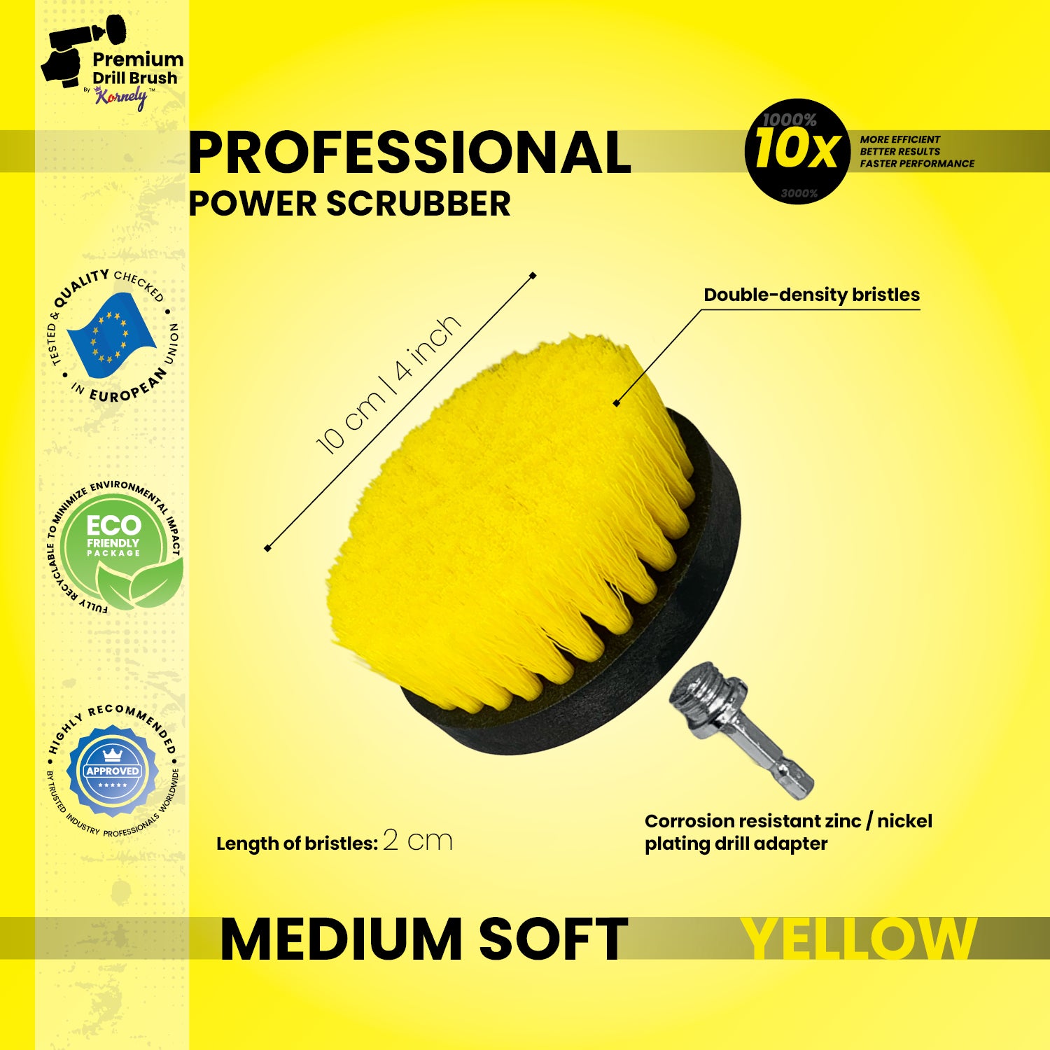 Kornely Premium Drill Brush Professional– 2in1 for Drill & Angle Grinder Medium-Soft 10 cm Yellow | Scratch-Free Cleaning Brush for Tile, Grout, Bathtub, Shower, Fibreglass and Ceramic Surfaces