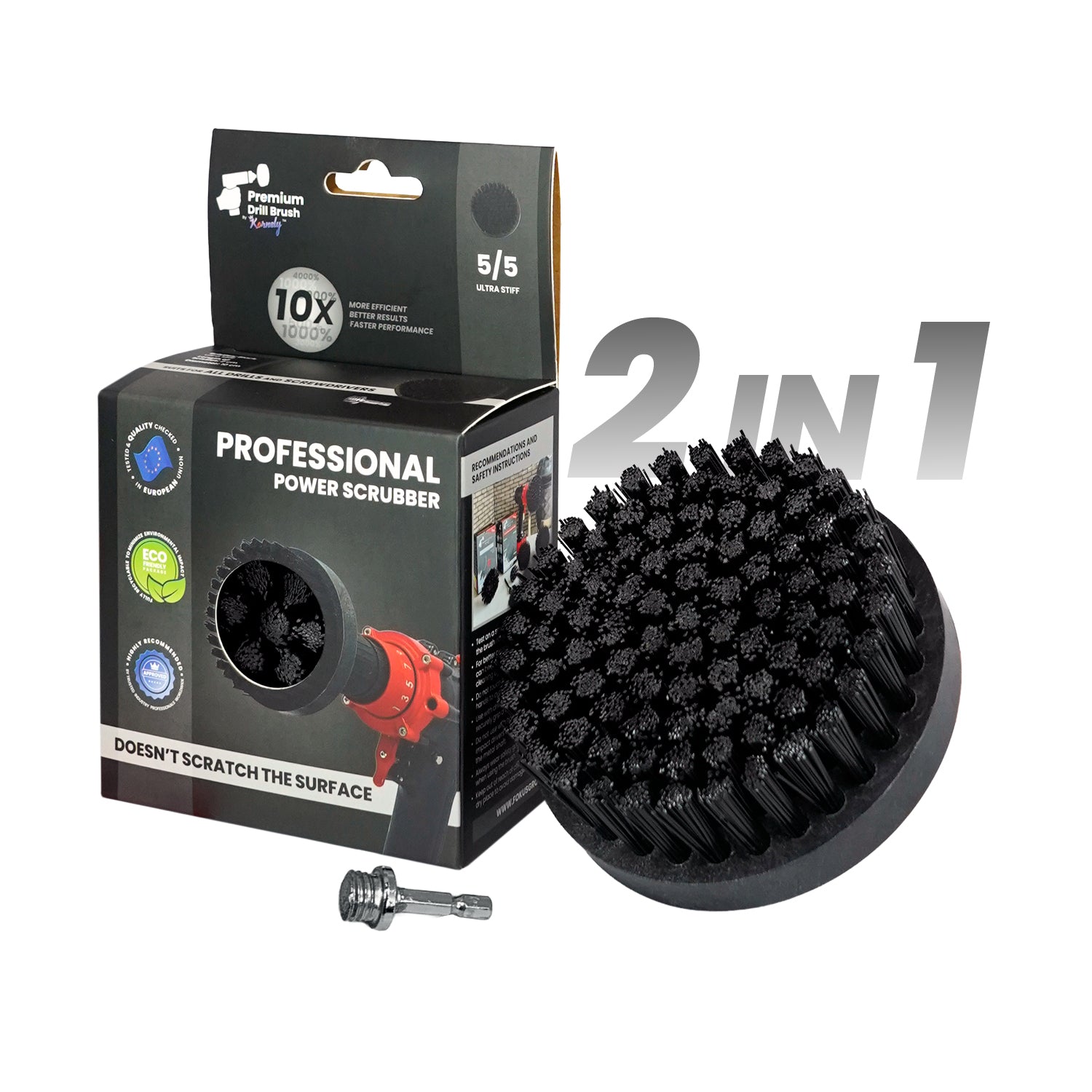 Kornely Premium Drill Brush Professional– 2in1 for Drill & Angle Grinder Ultra-Stiff 10cm Black | Scratch-Free Heavy-Duty Cleaning Brush for Concrete, Brick, Stone, Metal, Masonry, Grills, Rust