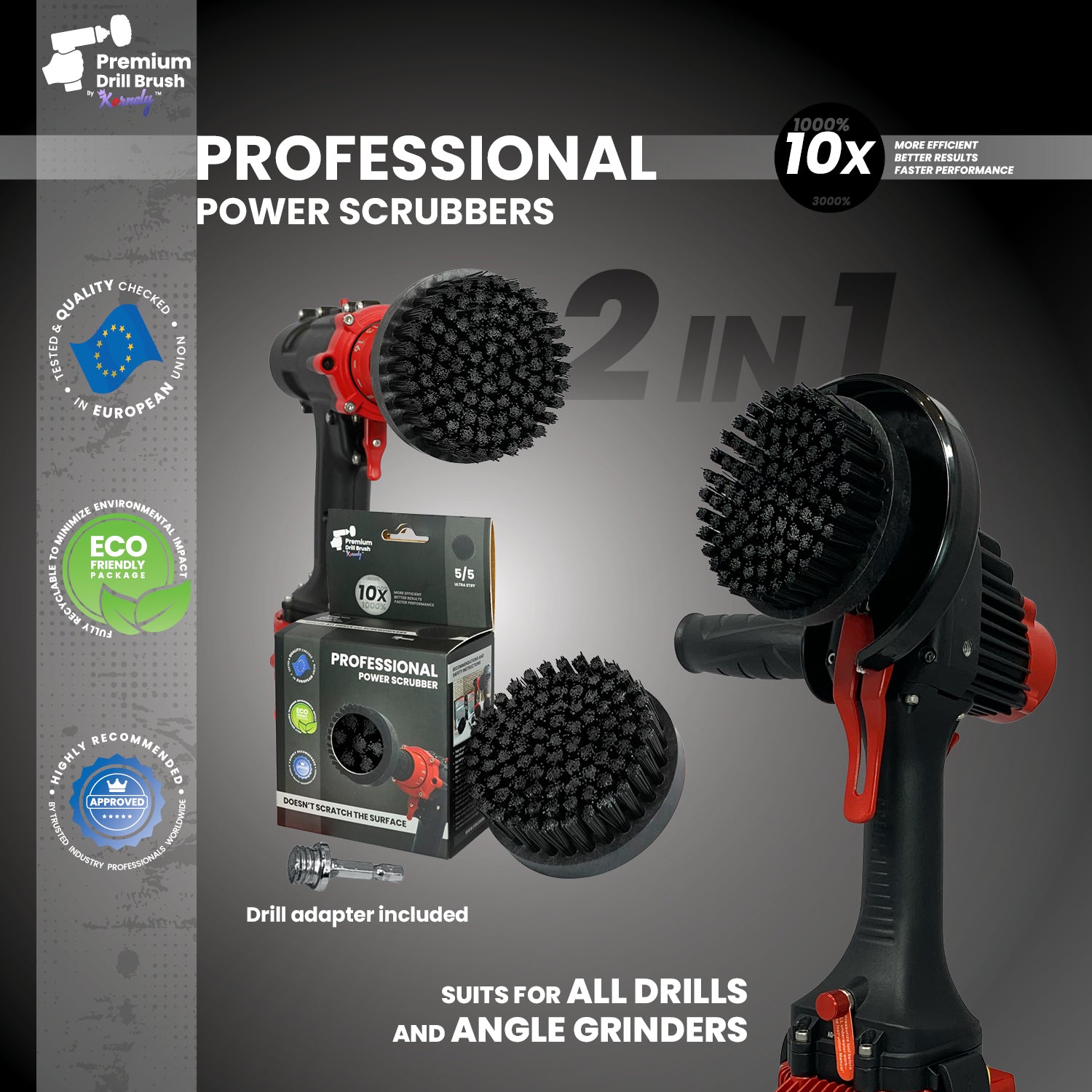 Kornely Premium Drill Brush Professional– 2in1 for Drill & Angle Grinder Ultra-Stiff 10cm Black | Scratch-Free Heavy-Duty Cleaning Brush for Concrete, Brick, Stone, Metal, Masonry, Grills, Rust
