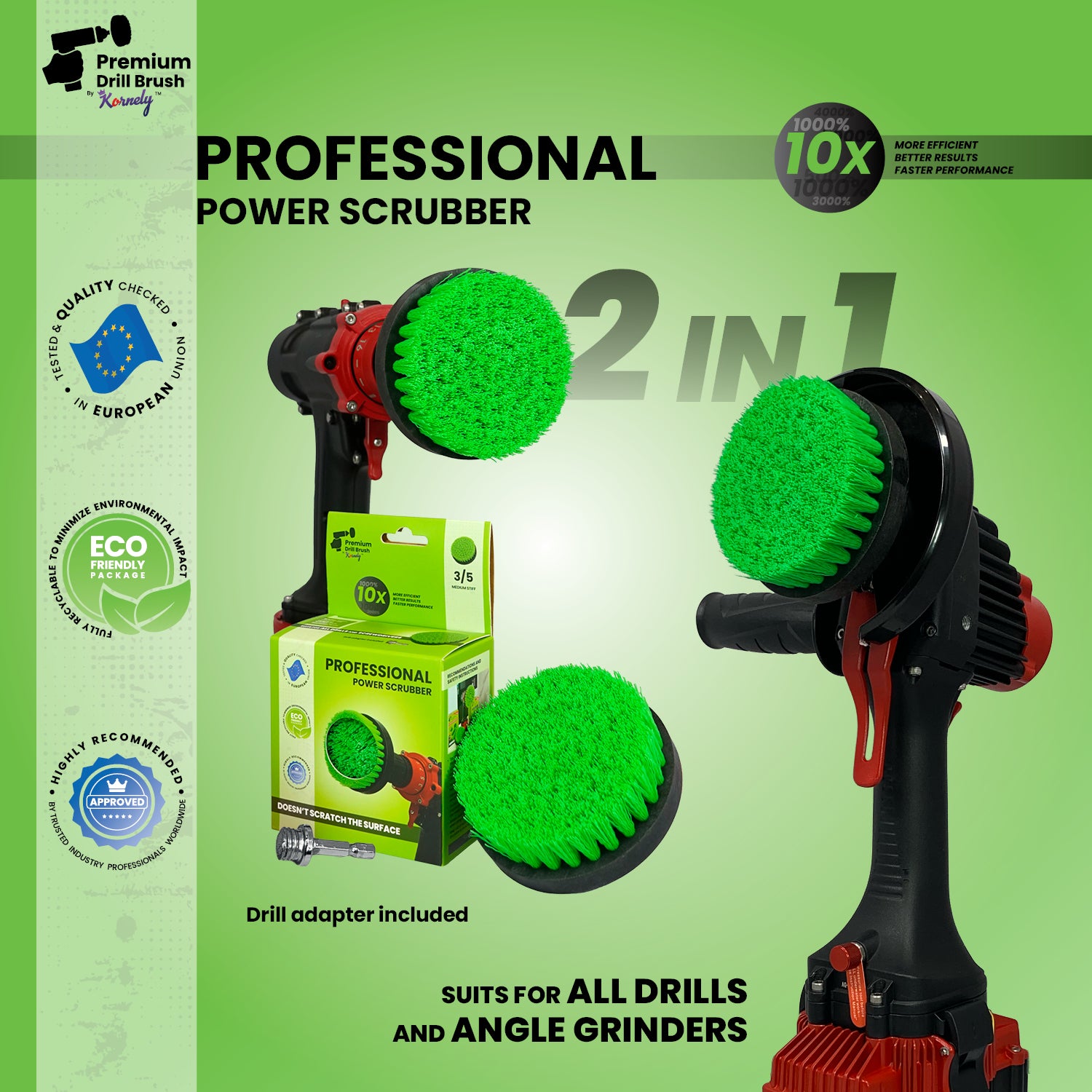 Kornely Premium Drill Brush Professional– 2in1 for Drill & Angle Grinder Medium-Stiff 10cm Green | Scratch-Free Kitchen Cleaning Brush for Ovens, Hobs, Worktops, Floor Tiles, Cupboard Doors, Cookware