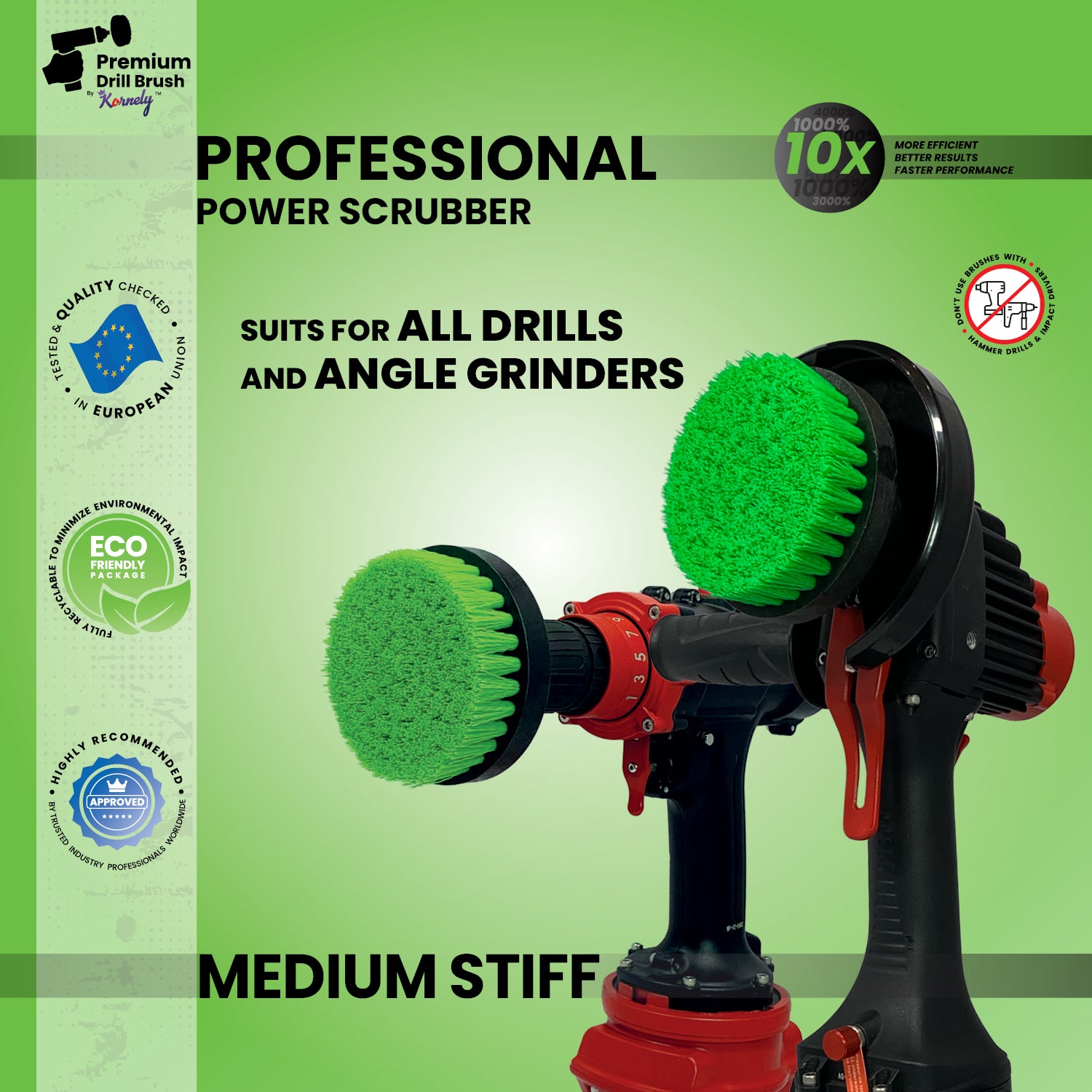 Kornely Premium Drill Brush Professional– 2in1 for Drill & Angle Grinder Medium-Stiff 10cm Green | Scratch-Free Kitchen Cleaning Brush for Ovens, Hobs, Worktops, Floor Tiles, Cupboard Doors, Cookware