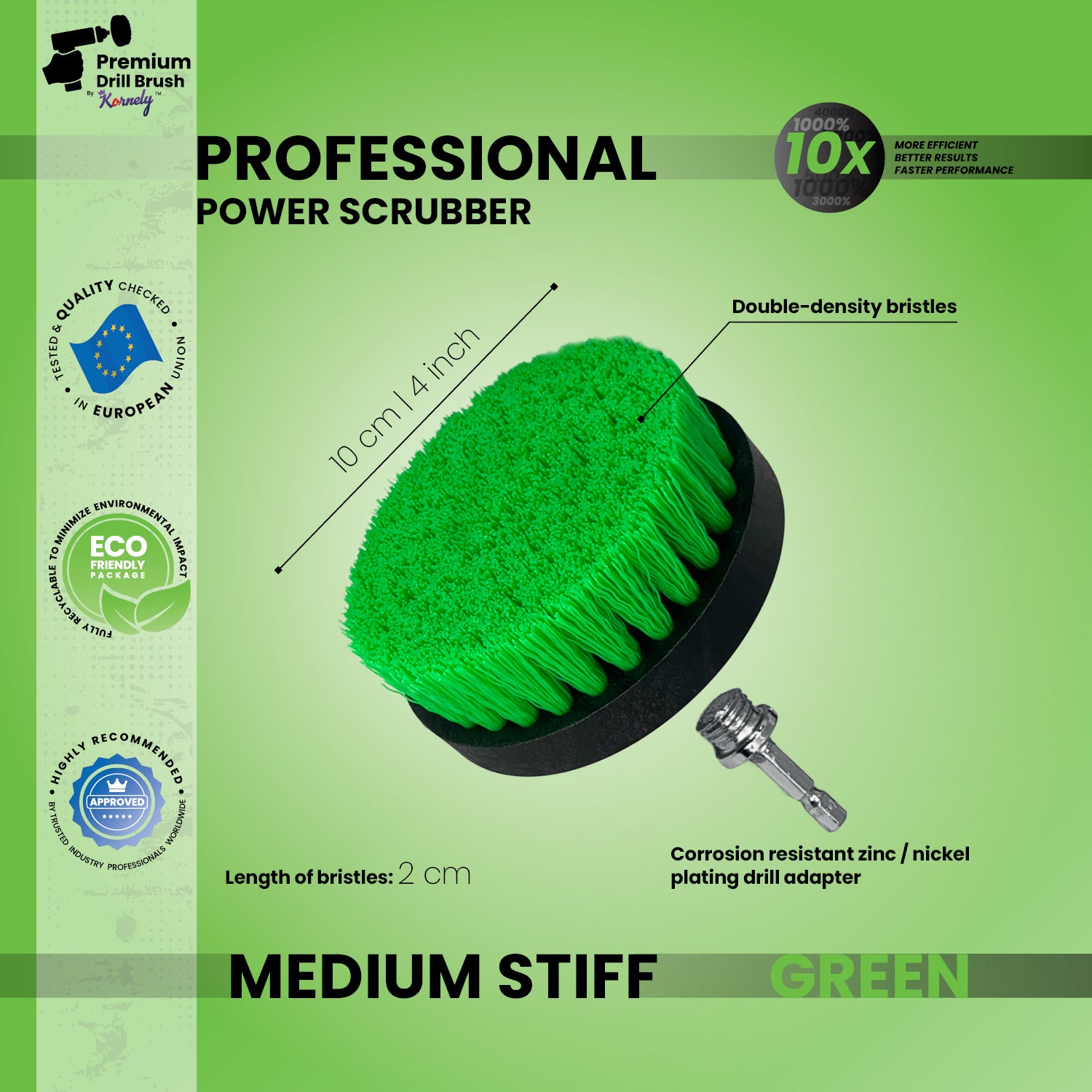 Kornely Premium Drill Brush Professional– 2in1 for Drill & Angle Grinder Medium-Stiff 10cm Green | Scratch-Free Kitchen Cleaning Brush for Ovens, Hobs, Worktops, Floor Tiles, Cupboard Doors, Cookware
