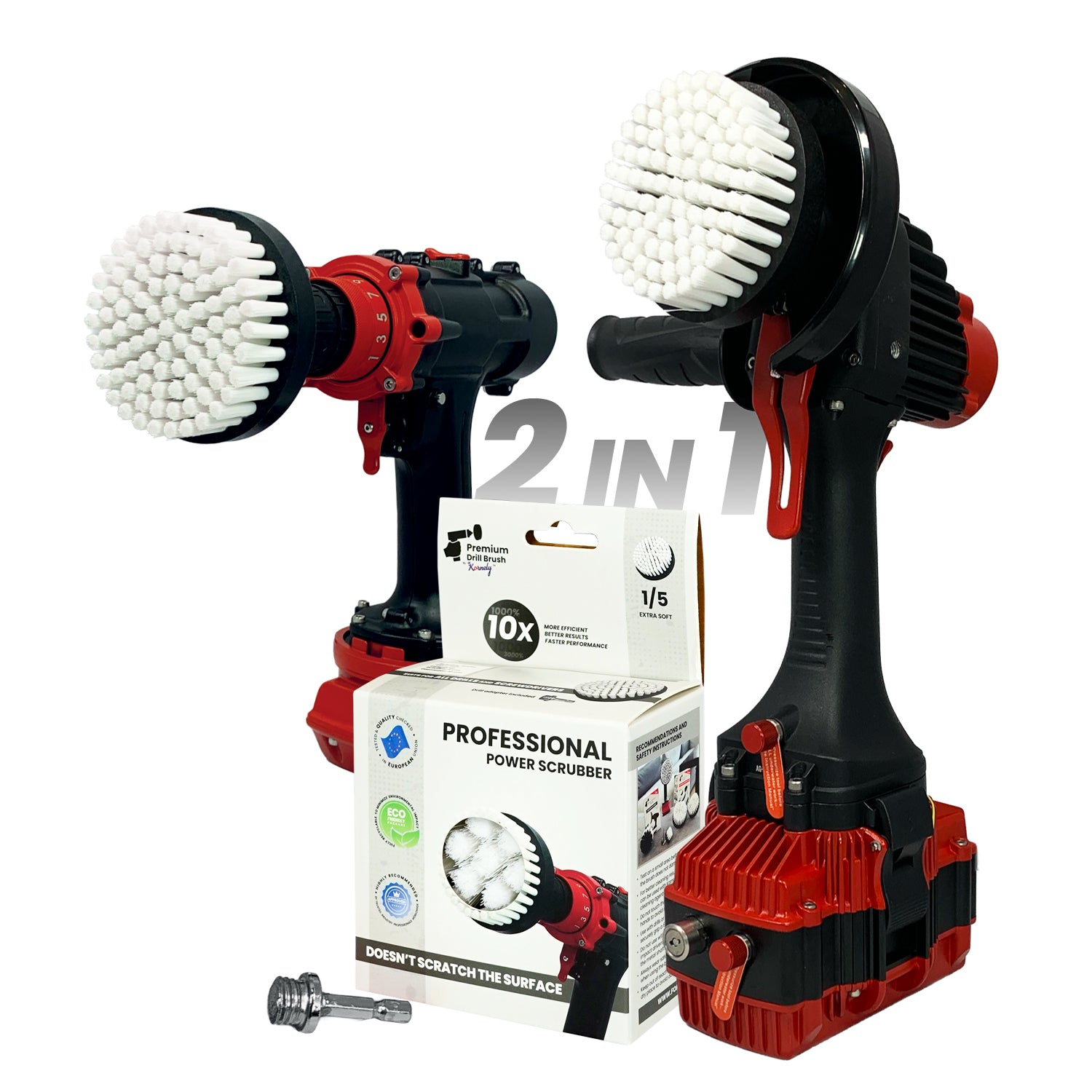 Kornely Premium Drill Brush Professional– 2in1 for Drill & Angle Grinder Stiff 10cm Red | Scratch-Free Outdoor Cleaning Brush for Patio Bricks, Lawn Mowers, Car Wheels, Pool Tiles and Boat Hulls