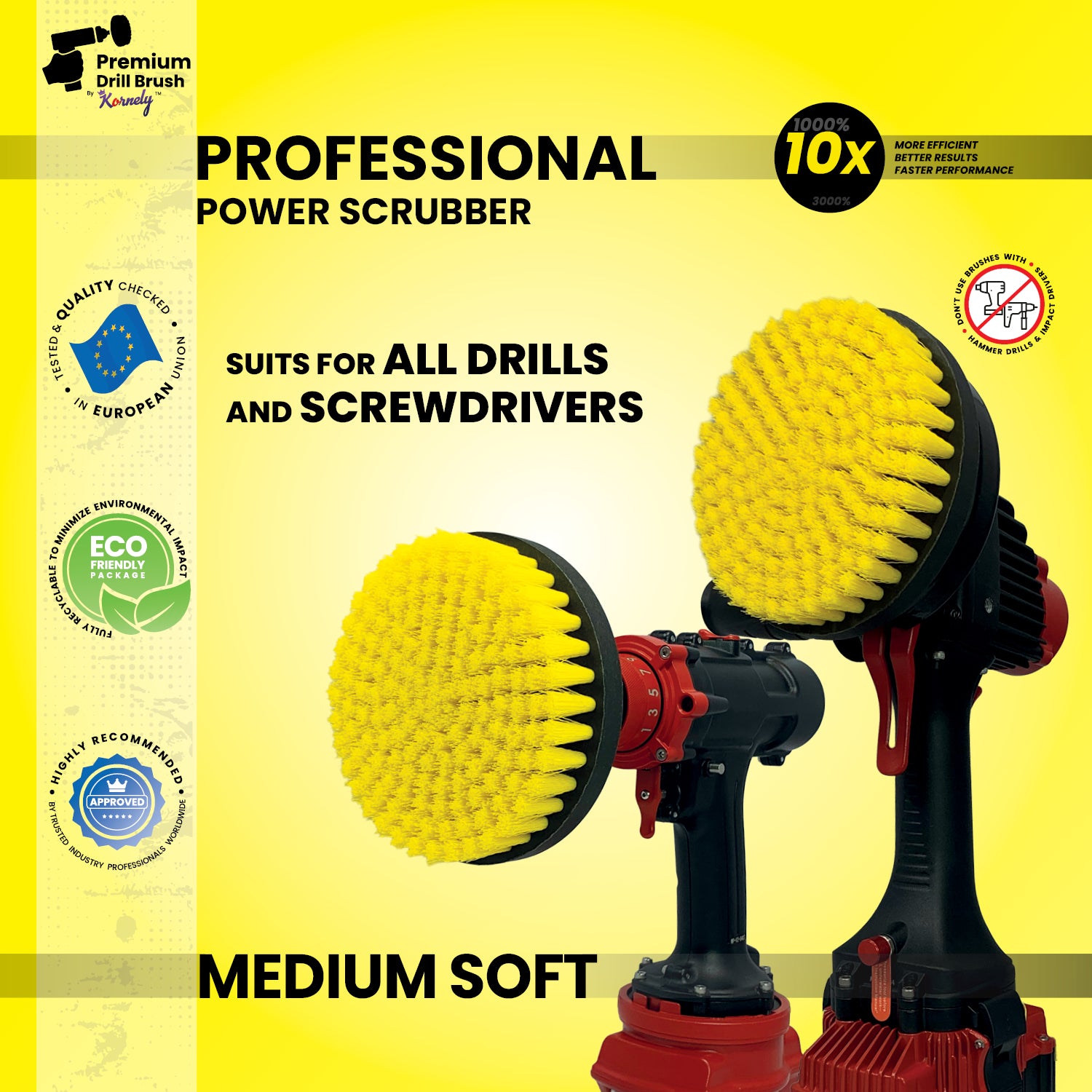 Kornely Premium Drill Brush Professional– 2in1 for Drill & Angle Grinder Medium-Soft 15 cm Yellow | Scratch-Free Cleaning Brush for Tile, Grout, Bathtub, Shower, Fibreglass and Ceramic Surfaces (Copy)