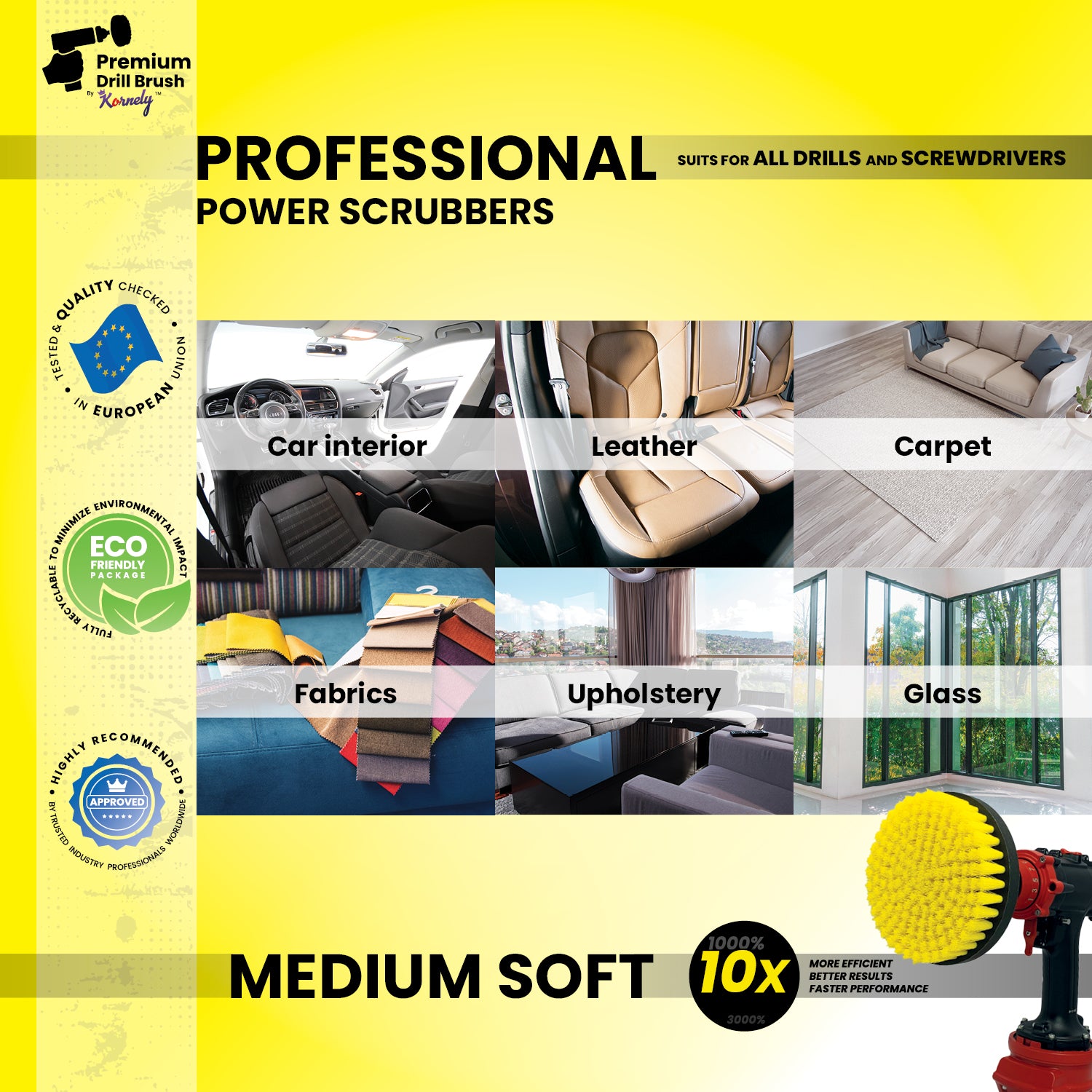Kornely Premium Drill Brush Professional– 2in1 for Drill & Angle Grinder Medium-Soft 15 cm Yellow | Scratch-Free Cleaning Brush for Tile, Grout, Bathtub, Shower, Fibreglass and Ceramic Surfaces (Copy)