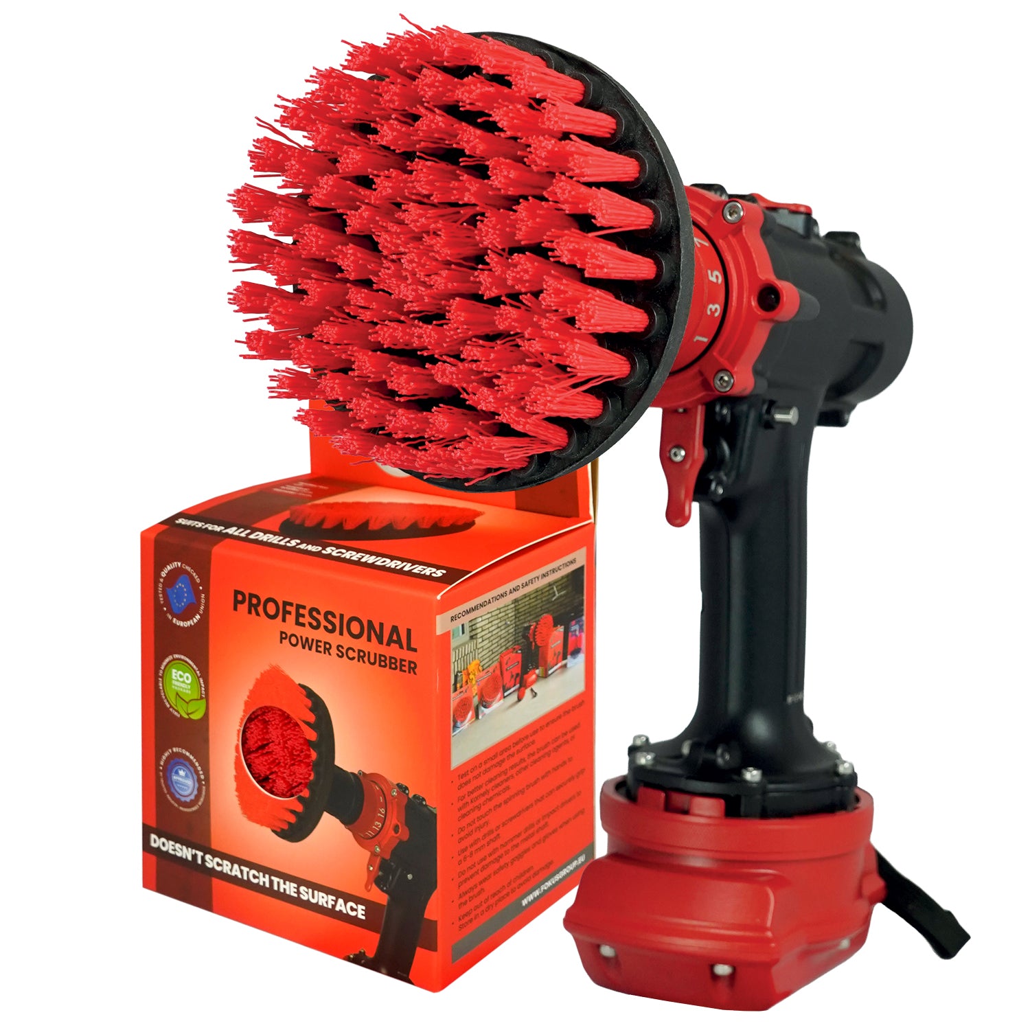 Kornely Premium Drill Brush Professional – Stiff 13 cm Red | Scratch-Free Outdoor Cleaning Brush for Patio Bricks, Decking, Garden Tools, Lawn Mowers, Bicycles, Car Wheels, Pool Tiles and Boat Hulls