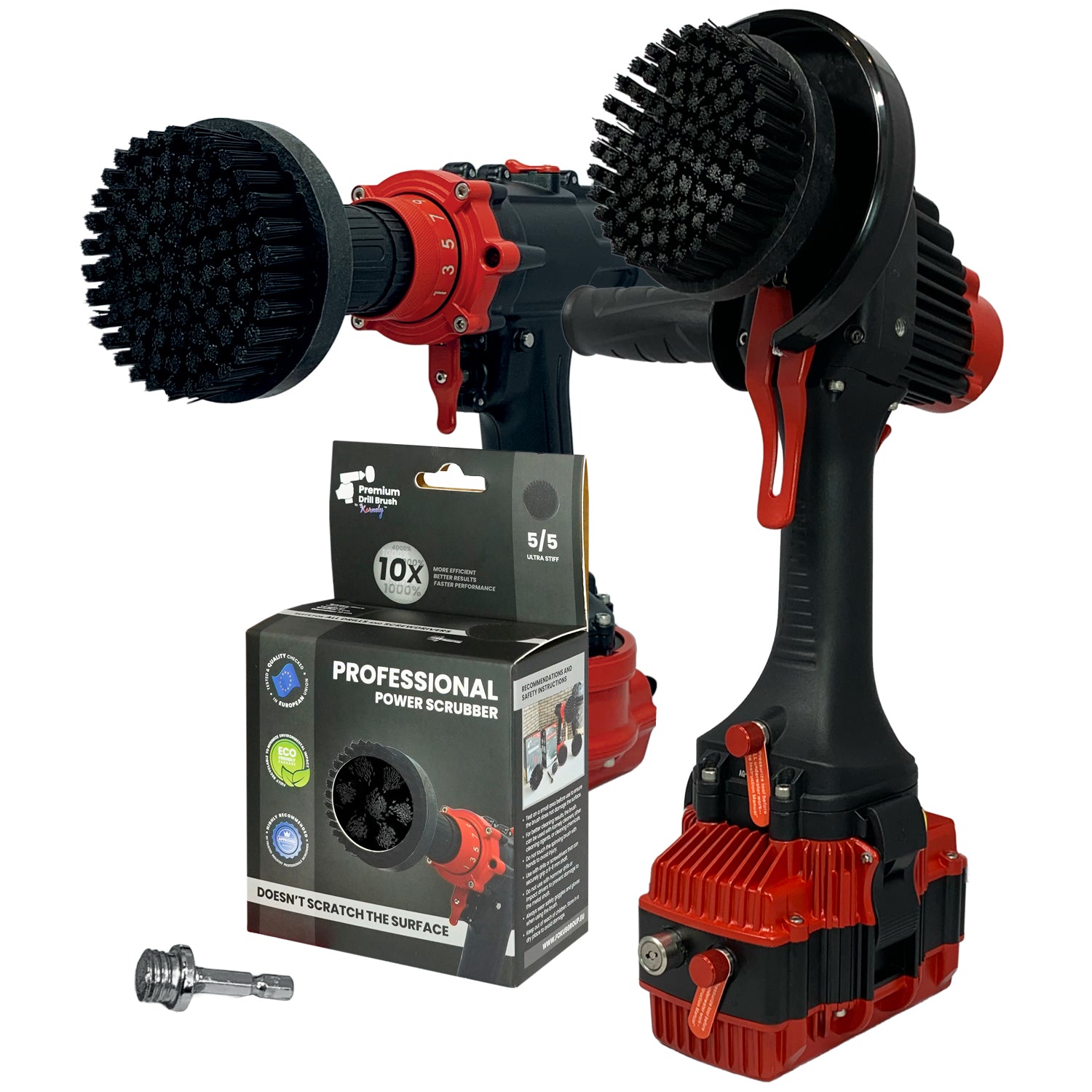 Kornely Premium Drill Brush Professional– 2in1 for Drill & Angle Grinder Stiff 10cm Red | Scratch-Free Outdoor Cleaning Brush for Patio Bricks, Lawn Mowers, Car Wheels, Pool Tiles and Boat Hulls